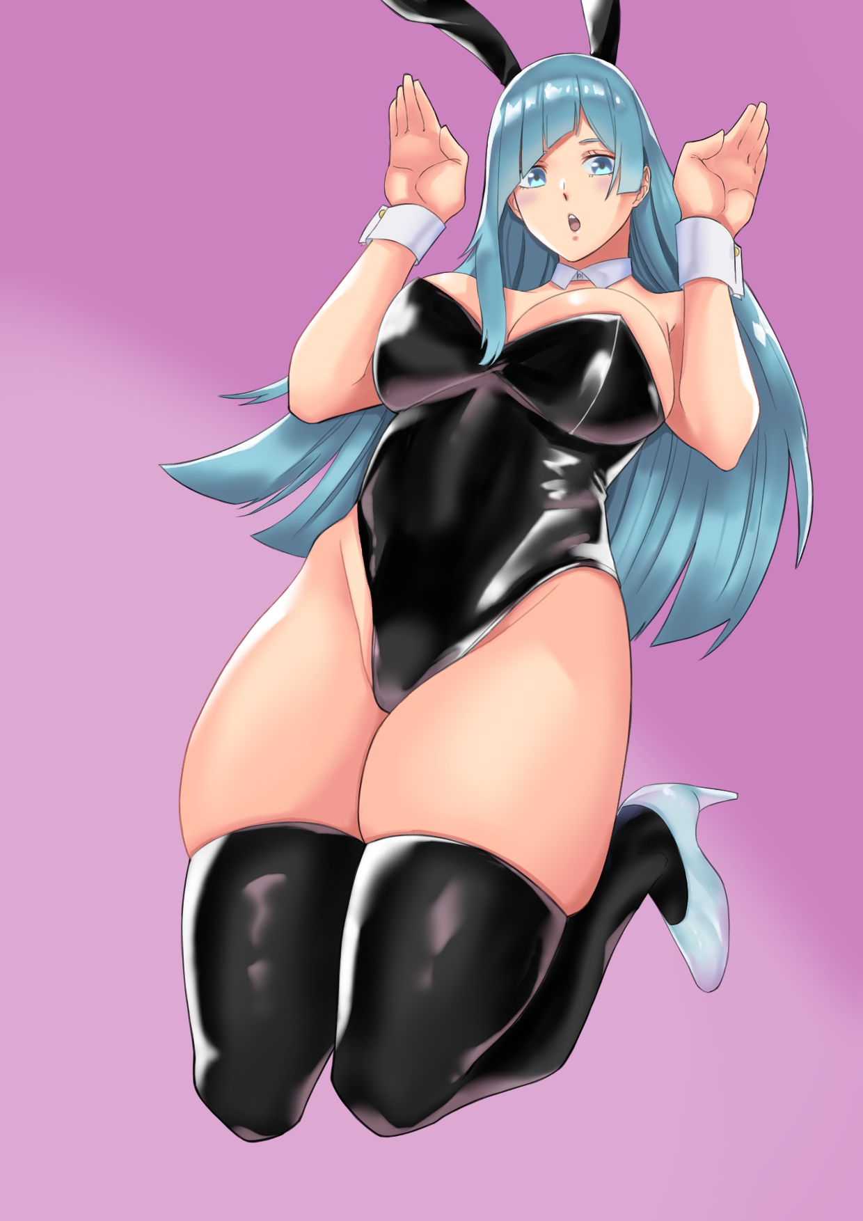 1girls, 2021, aqua eyes, aqua hair, bazz-b5297, big breasts, black legwear, black leotard, blue hair, blue-haired female, breasts, bunny ears, bunny girl, bunnysuit, covered navel, covered nipples, covered pussy, fake animal ears, female, female only, high heels, jujutsu kaisen, kasumi miwa, legwear, leotard, long hair, looking at viewer, open mouth, playboy bunny, purple background, pussy, simple background, solo, solo female, thick thighs, thighs, white wrist cuffs, wrist cuffs
