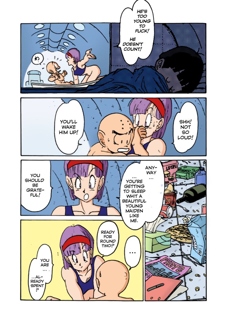 1girls 2boys asleep bald bulma_briefs bulma_briefs_(frieza_saga) coloured comic crop_top dragon_ball dragon_ball_z english_text female hairband imminent_sex krillin kuririn male naked nude nude_male ogata_satomi partially_clothed purple_eyes purple_hair size_difference son_gohan