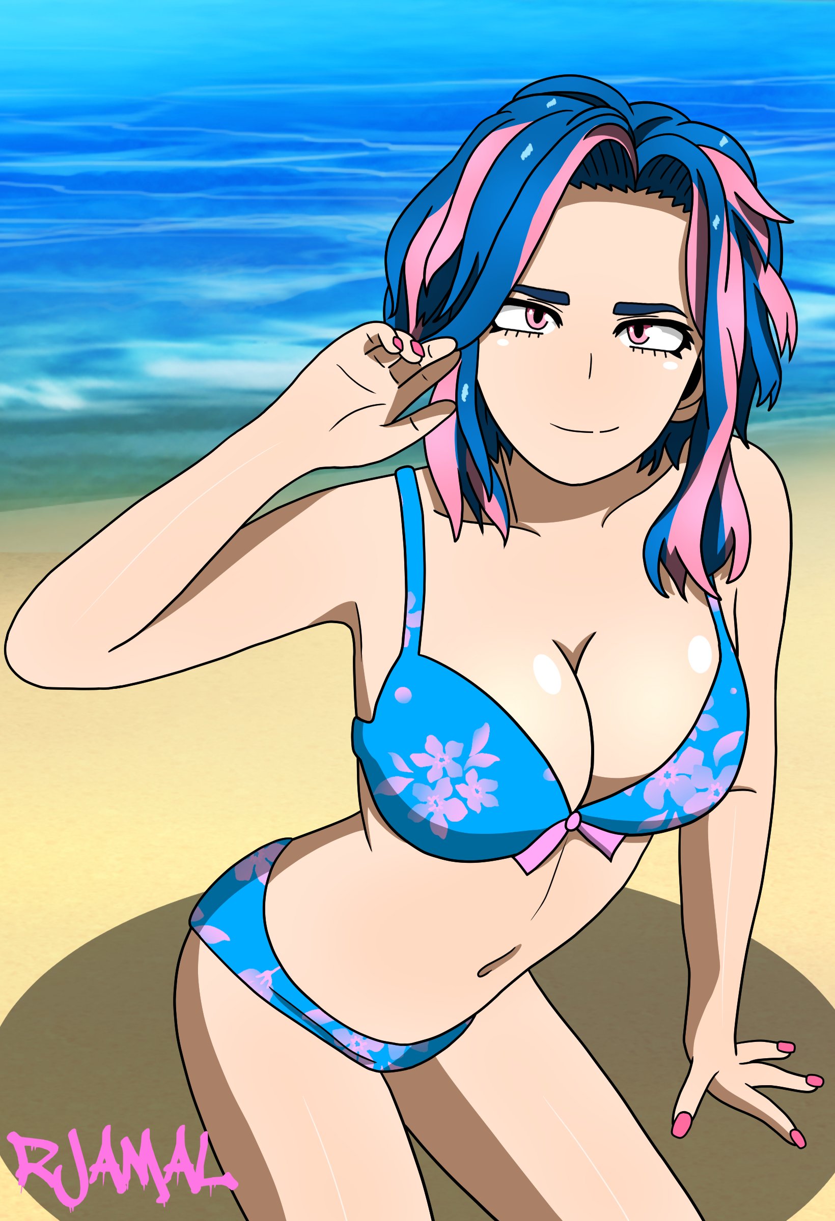 beach, big breasts, bikini, blue bikini, blue eyes, blue hair, breasts, cleavage, clothed, clothed female, fanart, female, female focus, female only, happy, kaina tsutsumi, lady nagant, looking at viewer, my hero academia, outdoors, outside, pink eyes, pink hair, pink nails, rjamal, twitter