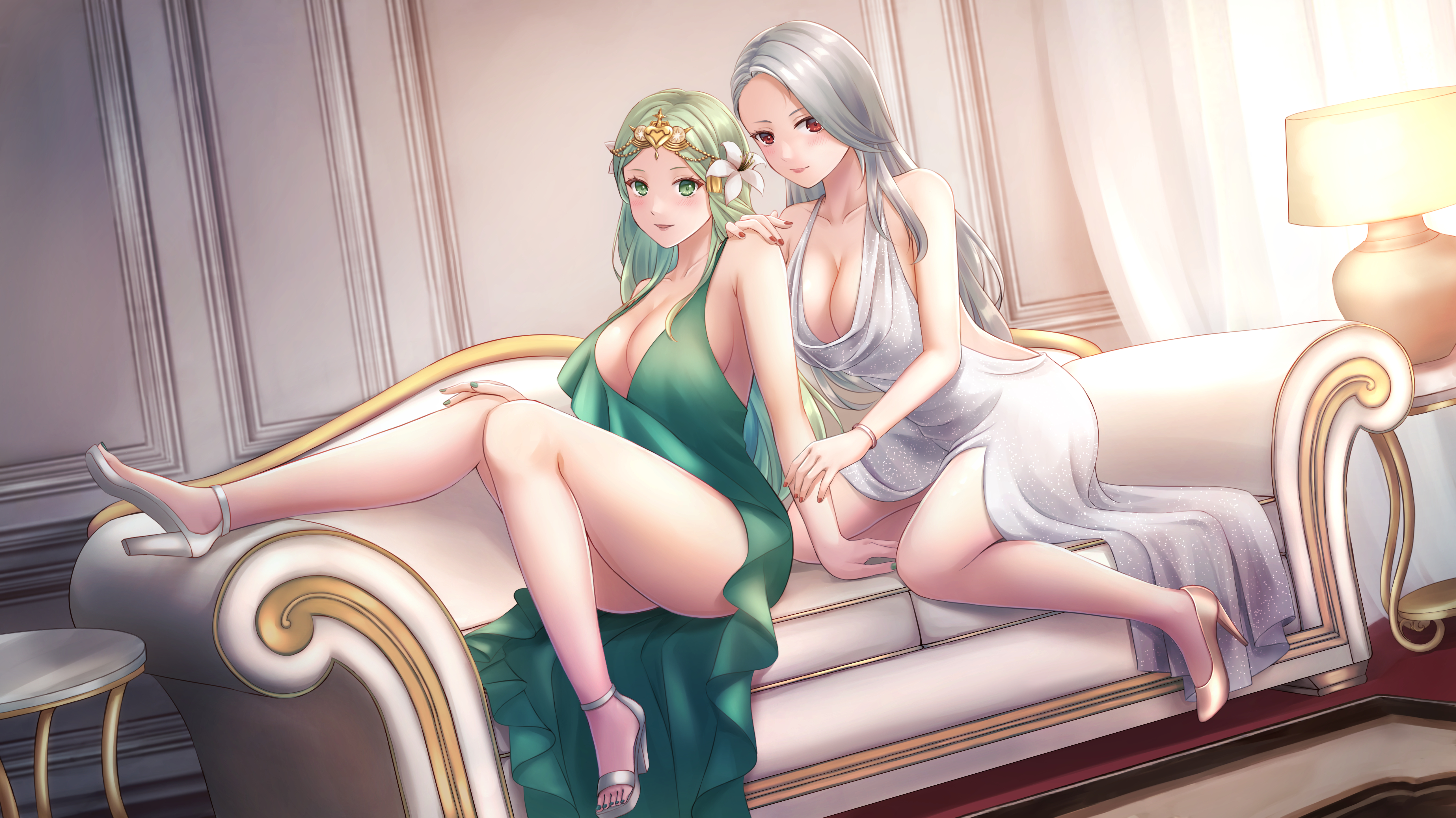 2girls, alternate costume, bare legs, breasts, cleavage, clothed, couch, crossover, dress, feet, female, female only, fire emblem, fire emblem: three houses, flower, green eyes, green hair, hair flower, high heels, indoors, large breasts, looking at viewer, multiple females, multiple girls, nail polish, nintendo, persona, persona 5, red eyes, rhea (fire emblem), sae niijima, sebu illust, silver hair, sitting, smile, toes, yuri
