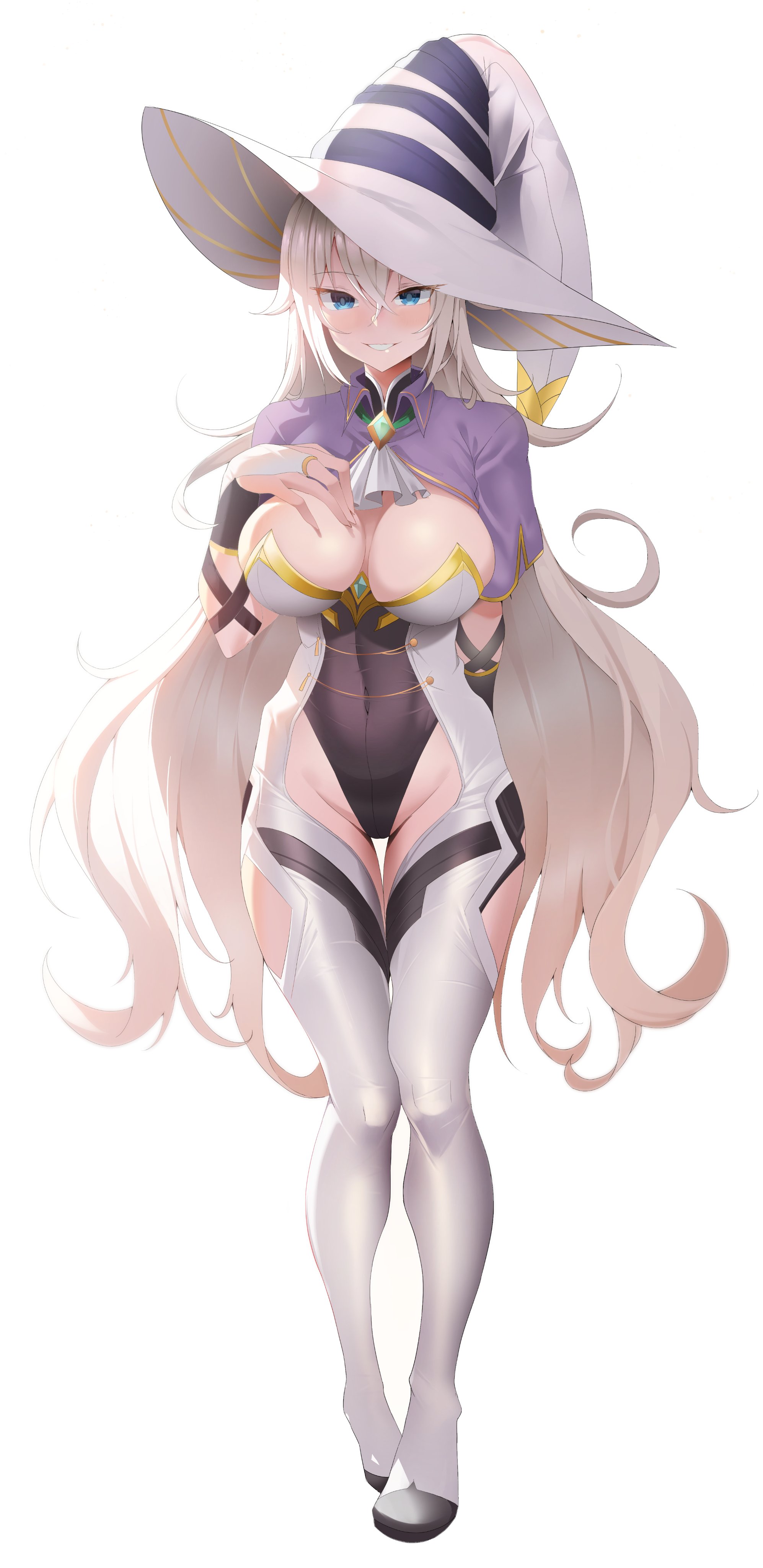 1girls, absurdres, bangs, blue eyes, blush, breasts, cleavage, female, full body, hat, highres, k pring, large breasts, leotard, long hair, looking at viewer, simple background, smile, solo, standing, white hair, witch, witch hat