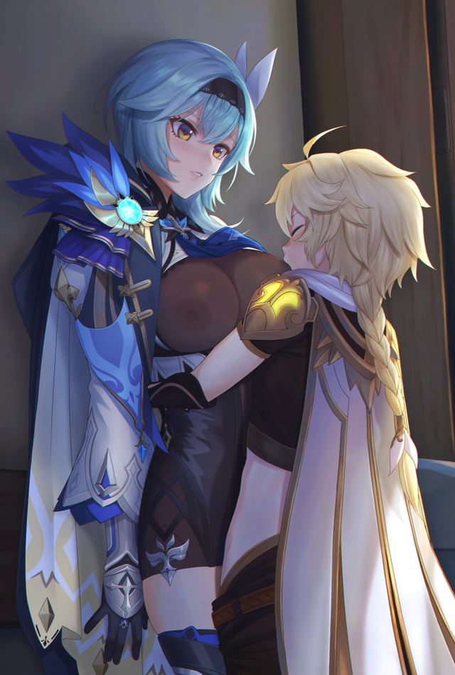 1boy, 1girls, aether (genshin impact), blush, breast lick, breasts, clothed, colored, eula (genshin impact), female, genshin impact, hug, leaning, male, malesub