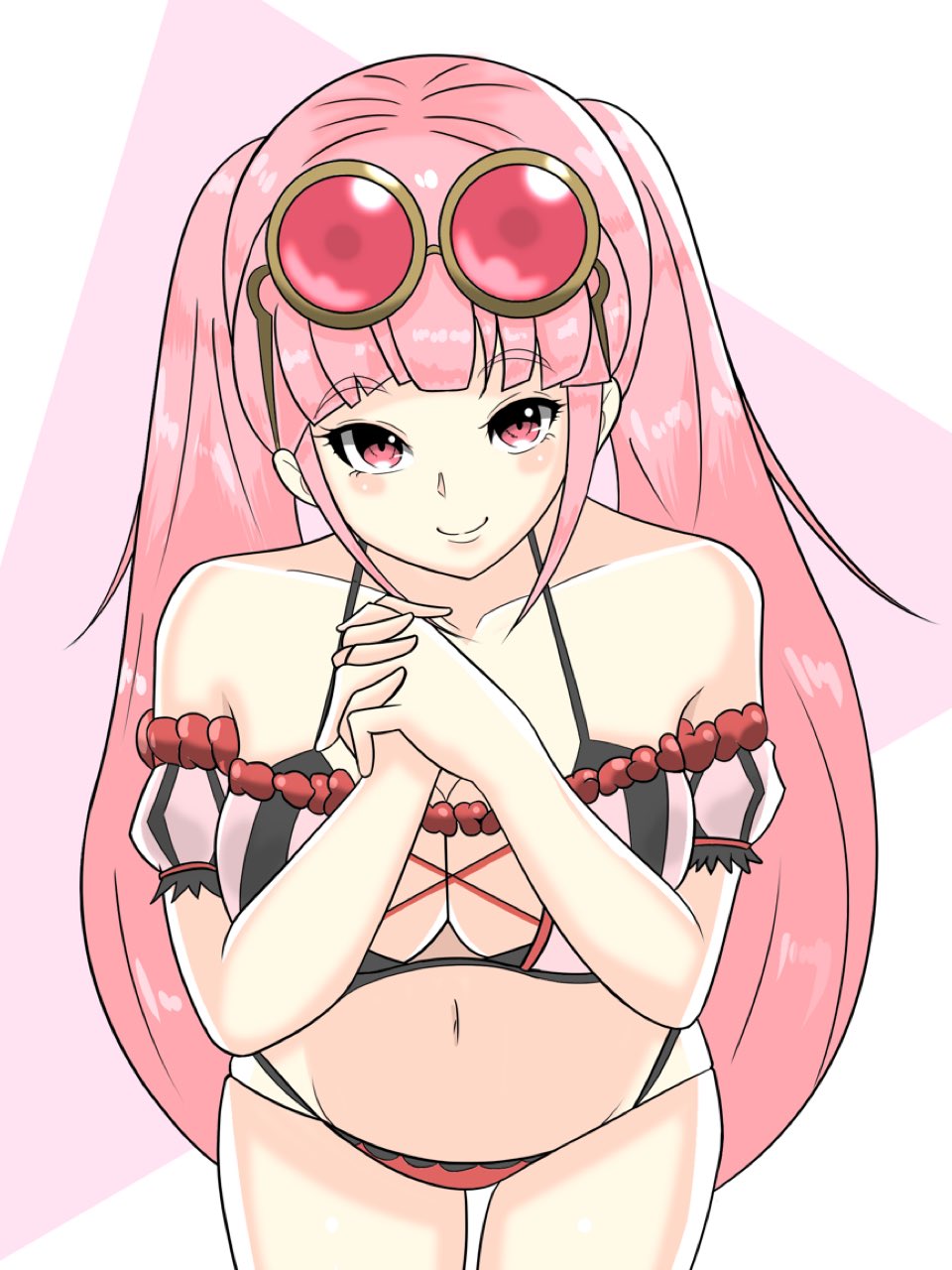 1girls alternate_costume bangs bare_shoulders bikini cleavage collarbone eyewear_on_head fire_emblem fire_emblem:_three_houses fire_emblem_heroes hands_together hilda_valentine_goneril hilda_valentine_goneril_(summer) large_breasts looking_at_viewer maplesugar7324 nintendo pink_bikini pink_hair pink_swimsuit red_bikini red_swimsuit solo solo_female sunglasses sunglasses_on_head swimsuit twintails