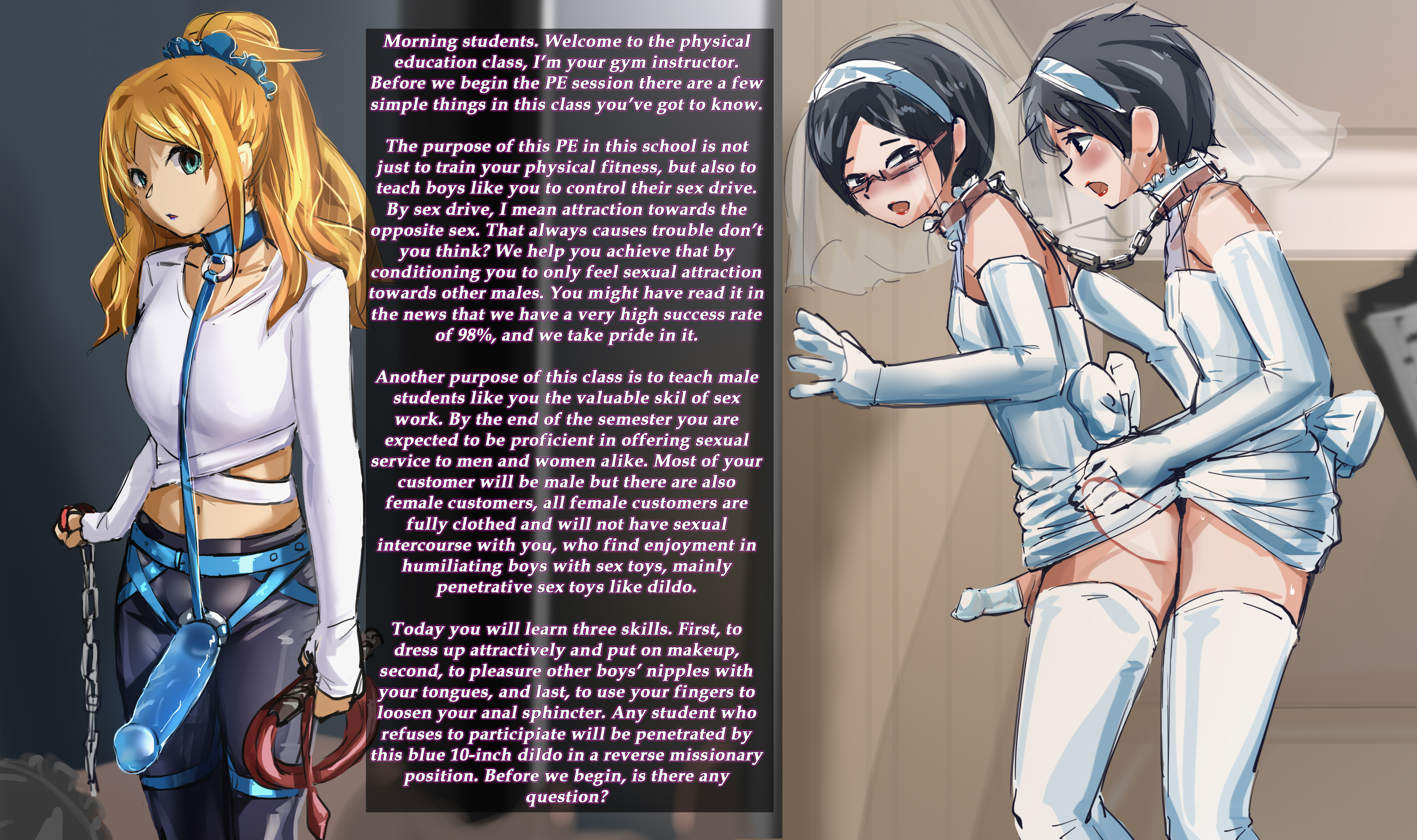 1girls, 2boys, anal, anal sex, artist request, blonde hair, blush, brown hair, caption, clothed female nude male, english text, female, female supporting yaoi, femboy, femboy on femboy, femdom, feminization, forced presentation, forced yaoi, gay, glasses, humiliation, male, male bride, male wife, no panties, orientation play, sex toy, straight to gay, strap-on, strapon, text, thighhighs, wall of text, wedding dress, yaoi