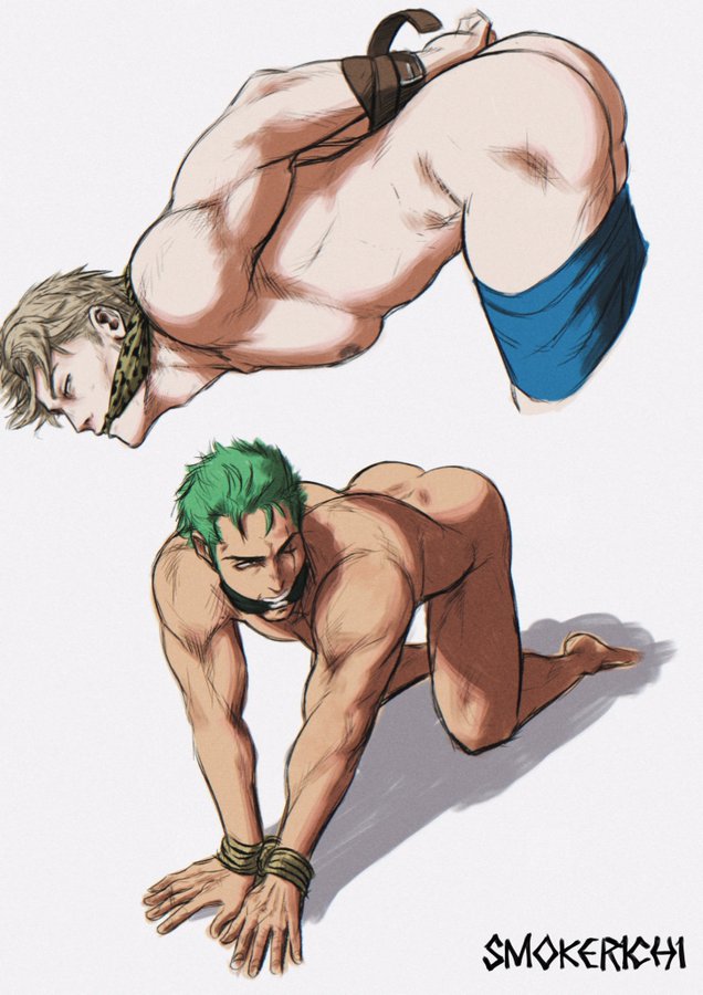 1boy ass_up belt blonde_hair bondage bound_wrists cleave_gag gag green_hair male male_only one_piece roronoa_zoro smokerichiart