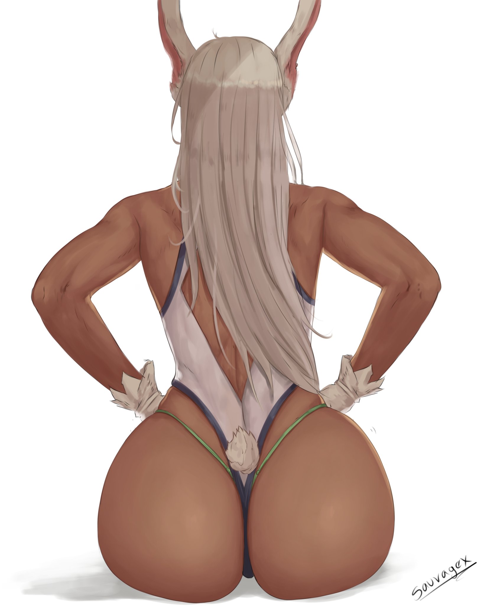 1girls, ass, ass focus, back muscles, back view, big ass, big butt, bunny ears, cutesexyrobutts (style), dark skin, dark-skinned female, female, gloves, large ass, leotard, long hair, miruko, muscles, my hero academia, oroborusart, rumi usagiyama, savagexthicc, sitting, thick ass, thong, white hair