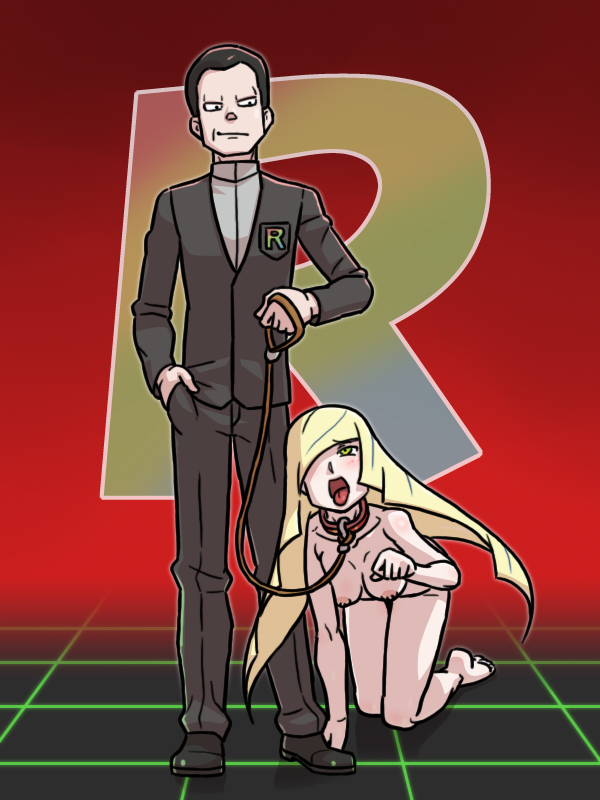 1boy, 1girls, all fours, barefoot, blonde hair, blush, bondage, breasts, clothed male nude female, collar, duo, female, femsub, giovanni (pokemon), green eyes, habatakuhituji, hair over one eye, leash, long hair, looking up, lusamine (pokemon), male, maledom, naked, naked female, nipples, nude, nude female, open mouth, pet play, petplay, pokemon, pokemon sm, straight, tongue, tongue out