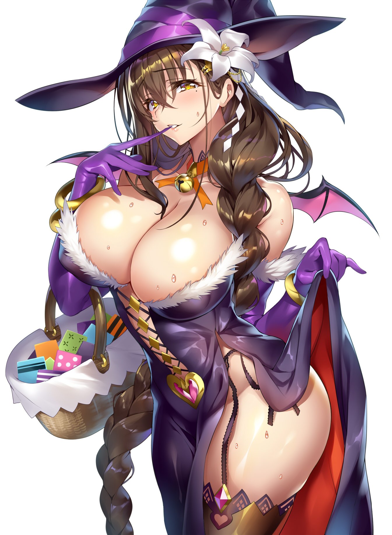 basket, bell, blush, bracelet, braid, breasts, brown eyes, brown hair, cleavage, dress, elbow gloves, female, flower, gan (shanimuni), garter straps, gloves, hair ornament, hat, highleg, highres, jewelry, kanpani girls, lace, large breasts, long hair, looking at viewer, mole, mole under eye, panties, seductive, seductive look, shirayuri sakura, thighhighs, underwear, white background, witch, witch hat, yellow eyes