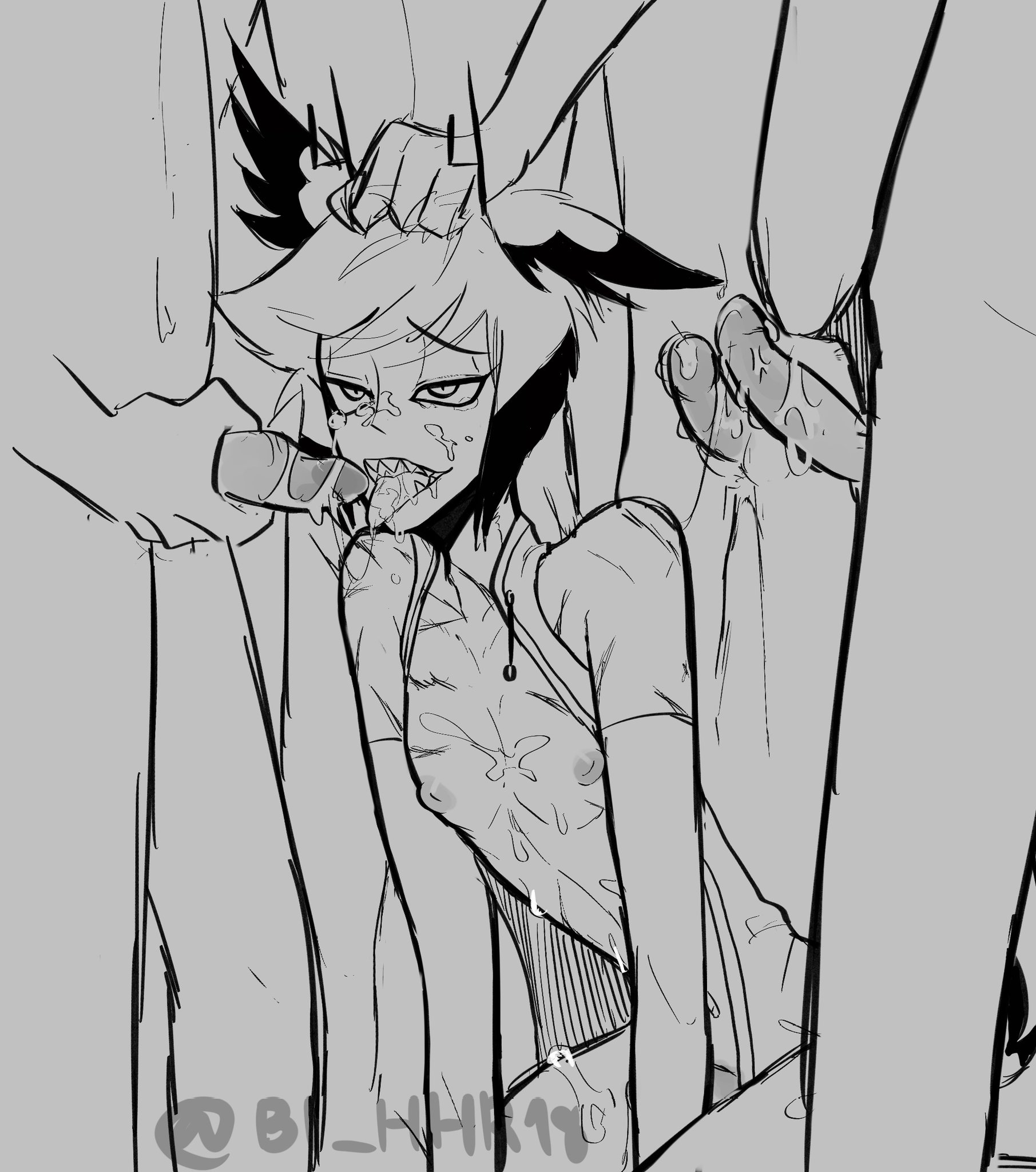 alastor (hazbin hotel), bi hhr18, covered in cum, cum in mouth, cum on chest, cum on face, cum on penis, cum on tongue, deer, demon, gangbang, gay, grabbing hair, hand on head, hand on penis, hazbin hotel, kneeling, leaning forward, looking pleasured, male, male only, male/male, monochrome, multiple boys, multiple males, nipples, on knees, open mouth, penis, sharp teeth, standing, straight hair, yaoi