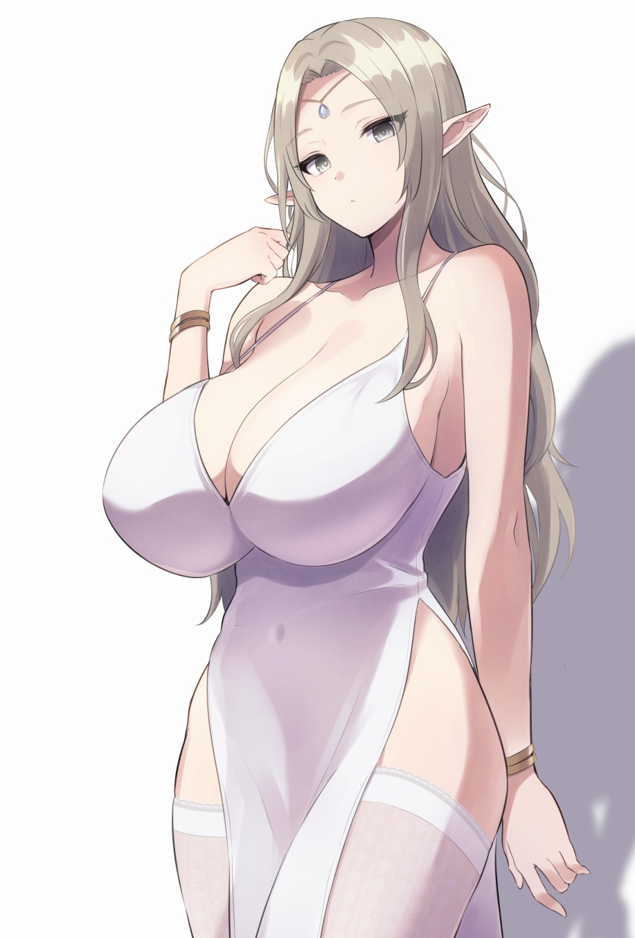 1girls, bangs, bare shoulders, bracelet, breasts, cleavage, dress, elf, female, forehead jewel, highres, huge breasts, jewelry, light brown eyes, light brown hair, light skin, light-skinned female, long hair, looking at viewer, navel, original, pointy ears, side slit, skindentation, solo, thighhighs, yukage