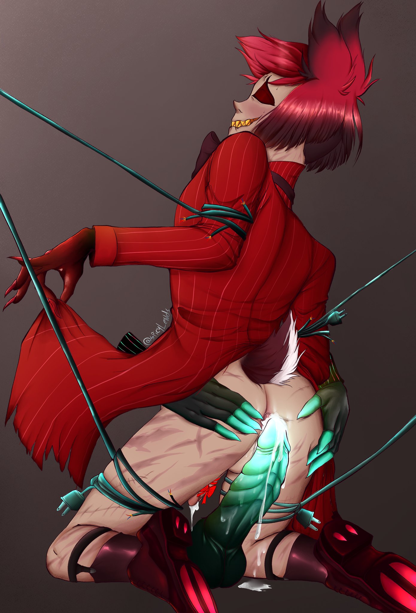 2boys, alastor (hazbin hotel), arms tied, ass, assjob, balls, blush, bondage, bottomless, buttjob, cables, cum drip, cum in ass, cum on penis, cum splatter, cum string, deer, demon, disembodied hands, disembodied penis, gay, hands on ass, hazbin hotel, kneeling, legs tied, looking pleasured, male, male only, male/male, on knees, penis, red hair, ribbed penis, ribbon on penis, scars, sharp teeth, smile, smooth skin, spicylewds, spread ass, tail, thighs, tied, tied up, vox (hazbin hotel), wires, yaoi