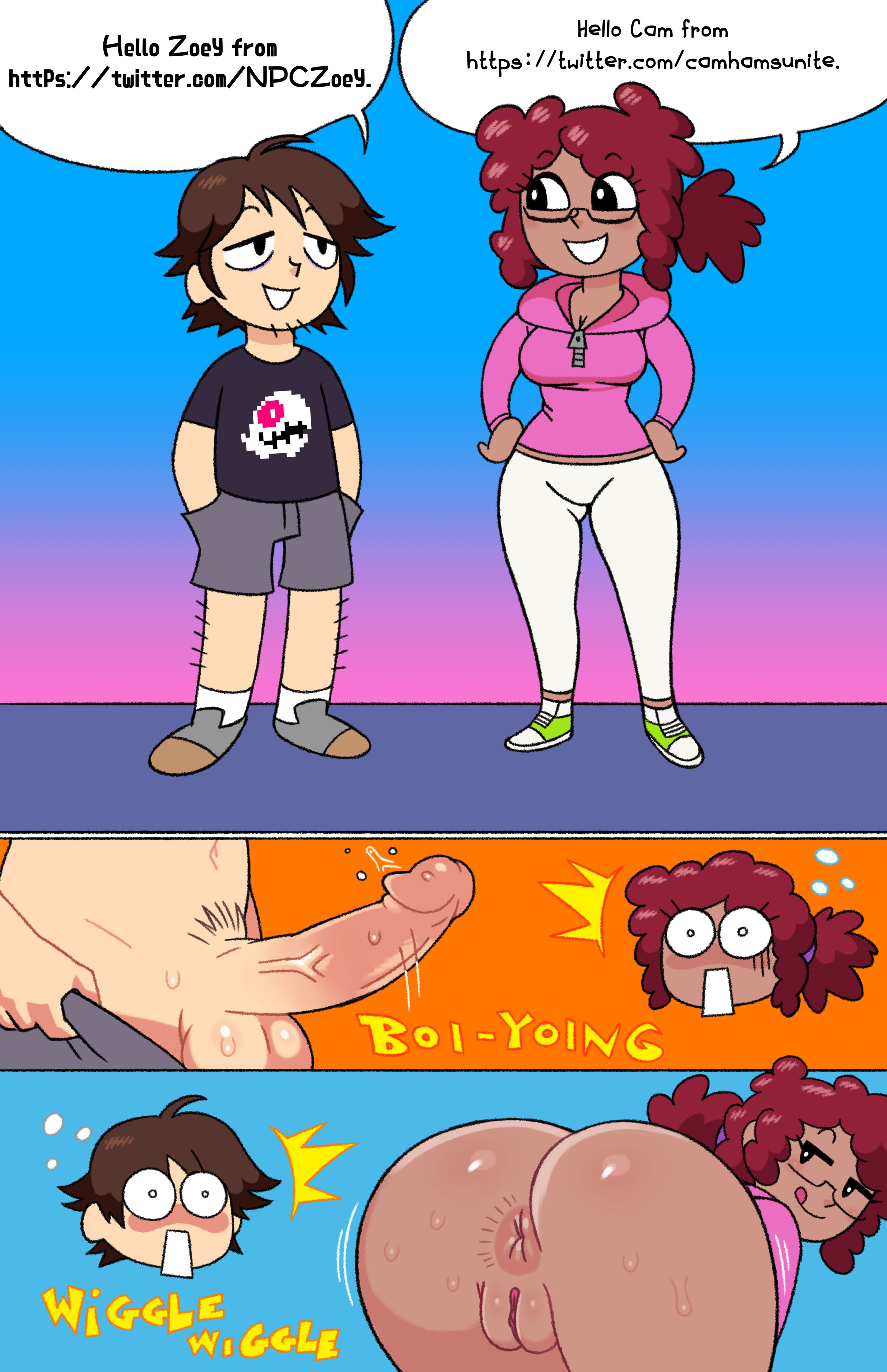1boy, 1girls, anus, artist name, artist self-insert, ass, ass awe, balls, big ass, big penis, bodily fluids, breasts, cam (artist), cam (character), cleavage, cock, comic, english text, facial hair, female, glasses, highres, licking lips, licking own lips, looking back, male, npczoey, onomatopoeia, original, original character, penis, penis awe, penis out, presenting, presenting hindquarters, pubic hair, pussy, shocked, speech bubble, sweat, testicles, text, tongue, tongue out, triangular anus, twitter url, twitter username, uncensored, url, vagina, veiny penis, zoey (npczoey)