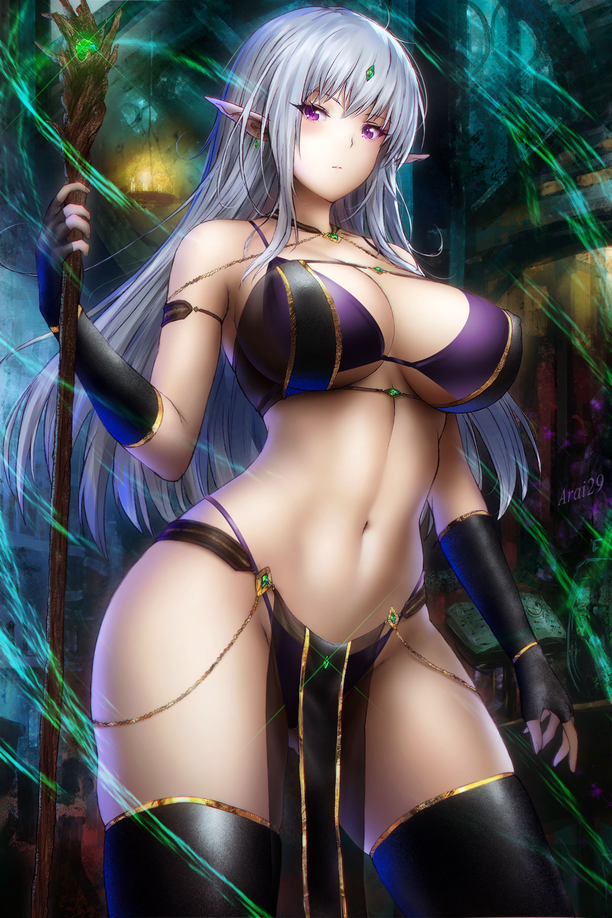 1girls, ahoge, arai29, bangs, bare shoulders, blush, breasts, cleavage, closed mouth, clothed, clothed female, commission, earrings, elf, eyebrows visible through hair, female, female only, female torso, fingerless gloves, gem, highres, jewelry, large breasts, loincloth, long hair, looking at viewer, magic, navel, original, pelvic curtain, pointy ears, purple eyes, revealing clothes, sheer clothing, silver hair, skindentation, solo, staff, standing, stomach, thighhighs