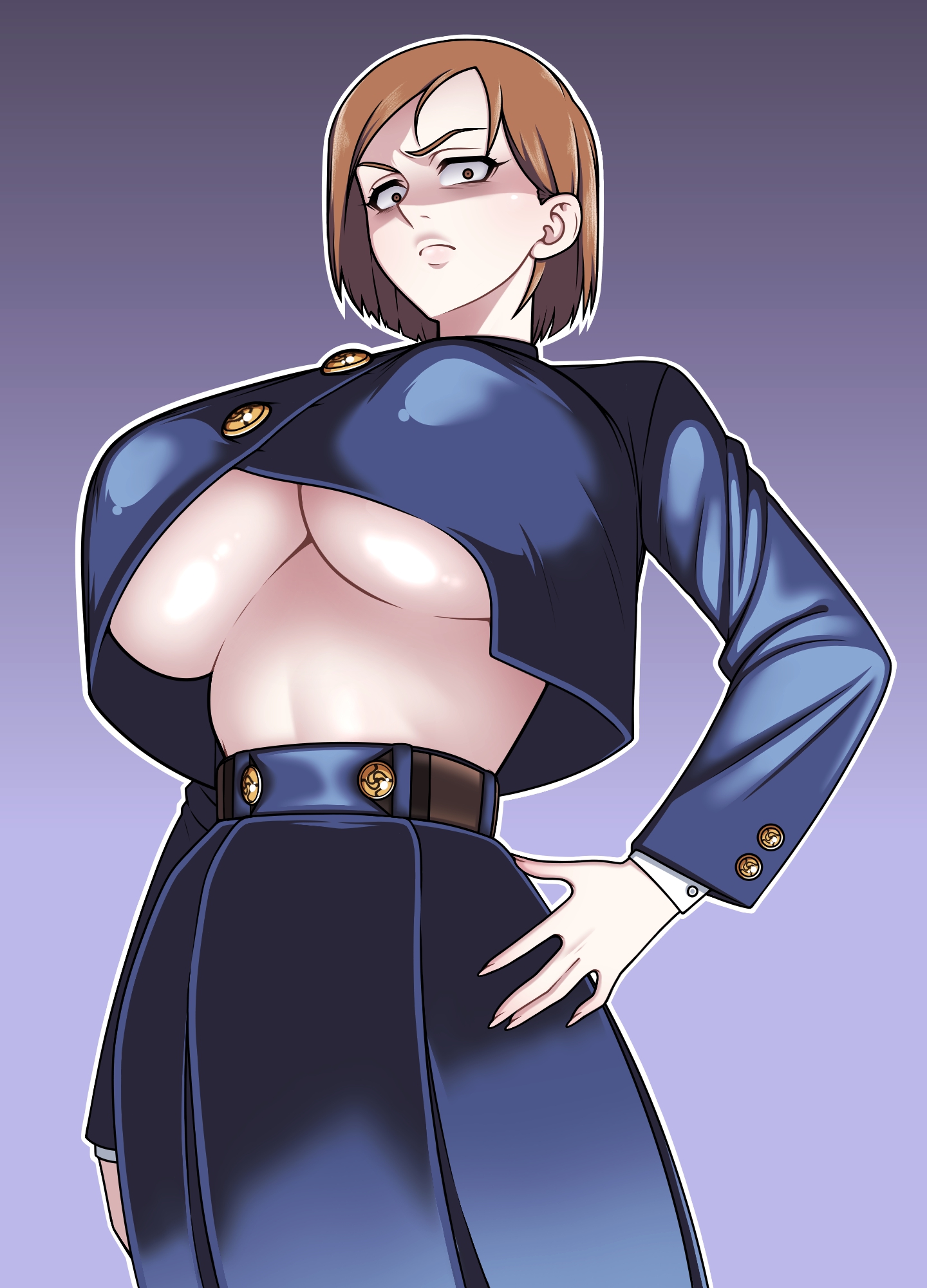 1girls, 2021, angry, big breasts, big nipples, bob cut, breasts, brown eyes, brown hair, brown-haired female, cleavage, clothing, eron (ab0895), eron (artist), eyebrows, eyelashes, female, female focus, female only, glaring, gradient background, jujutsu kaisen, kugisaki nobara, looking at viewer, looking down, midriff, nipple bulge, purple background, scowl, short hair, simple background, solo, solo female, solo focus, standing, underboob, white skin