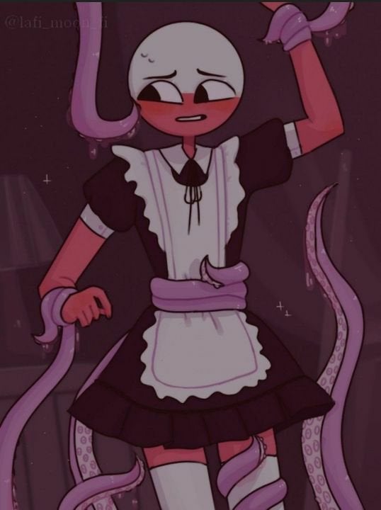 1boy, 5 fingers, anthro, anthrofied, black eyes, countryhumans, eyebrows, femboy, humanized, humanoid, maid uniform, male, male only, personification, poland (countryhumans), red skin, solo, solo male, sweat, sweating, tentacle, white skin, wrapped