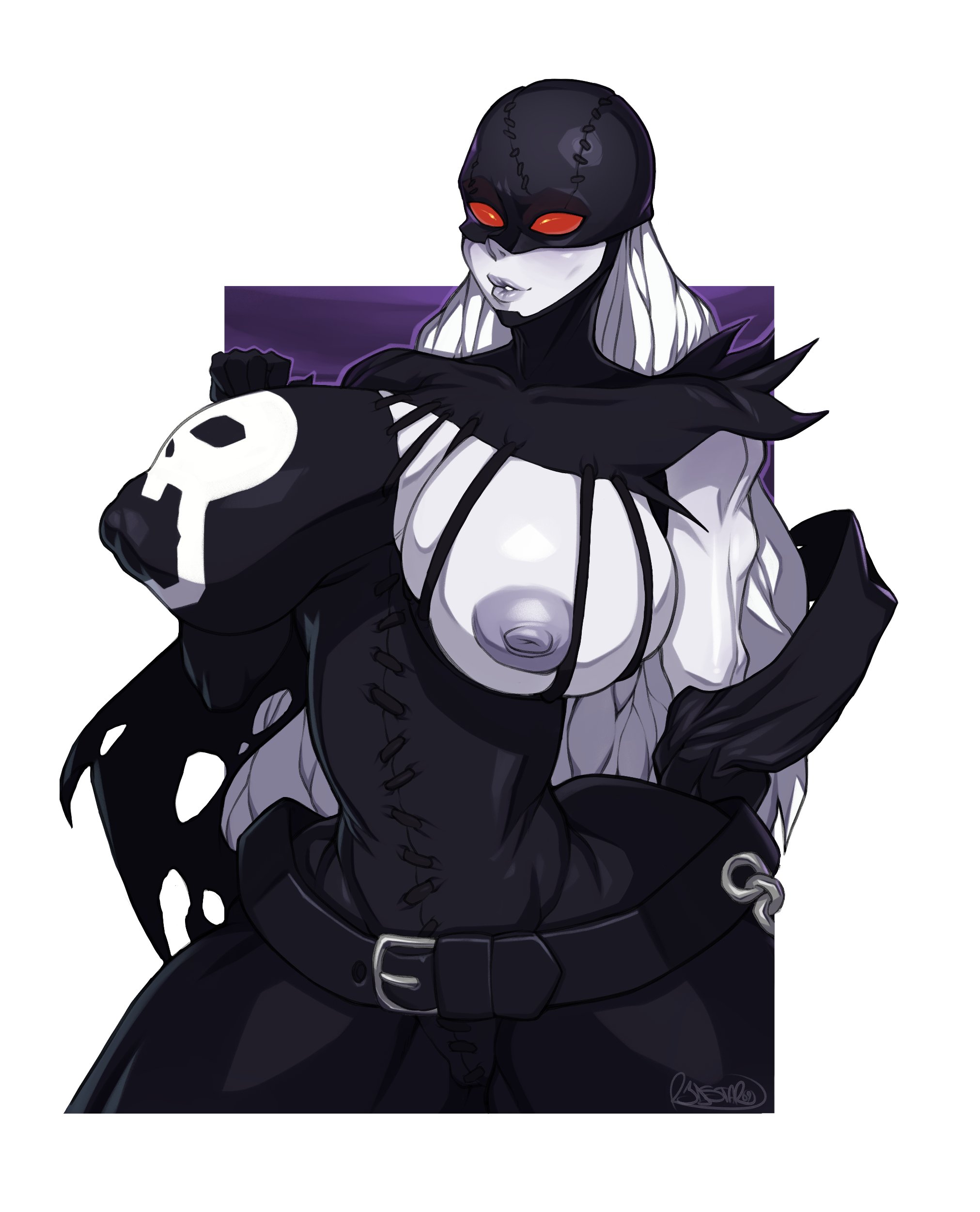1girls, big breasts, breasts, breasts out, digimon, digimon (species), female, ladydevimon, light skin, light-skinned female, mask, pale skin, pale-skinned female, r3dstar, red eyes, white body, white hair