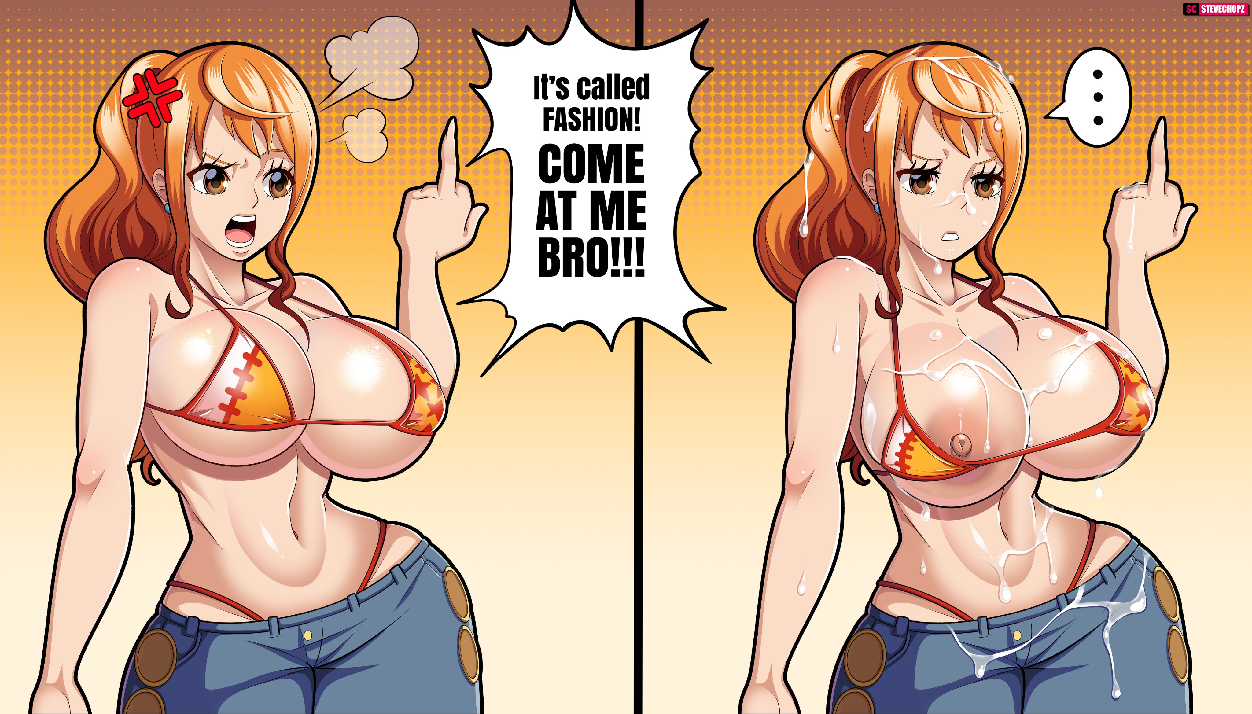 1girls, absurdres, alternate breast size, areolae, arrogant, big breasts, bikini, breasts, clothing, cum, cum drip, cum on breasts, cum on face, cum on hair, female, female only, highres, huge breasts, humor, jeans, large breasts, meme, middle finger, nami (one piece), nipples, offscreen character, one piece, orange hair, orange-haired female, pun, shounen jump, speech bubble, stevechopz, text, too literal