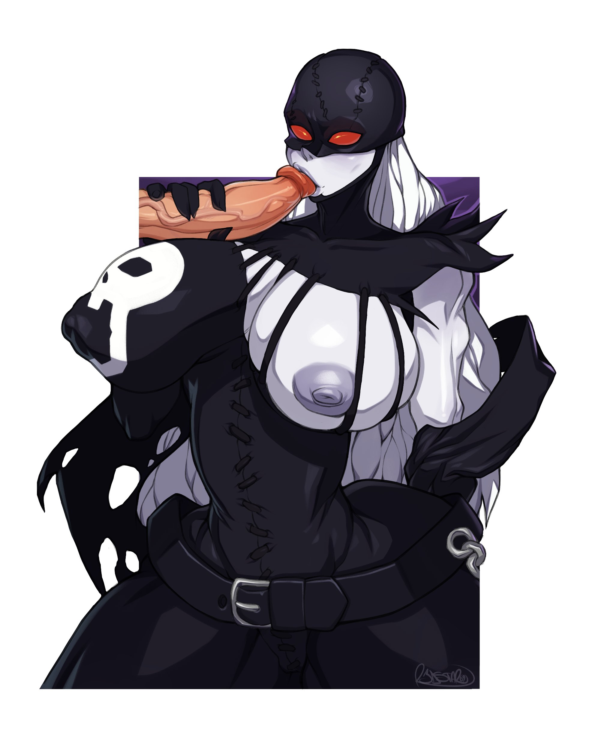 1girls, big breasts, blowjob, breasts, breasts out, digimon, digimon (species), disembodied penis, fellatio, female, grabbing penis, handjob, ladydevimon, light skin, light-skinned female, male, mask, pale skin, pale-skinned female, penis, r3dstar, red eyes, white body, white hair