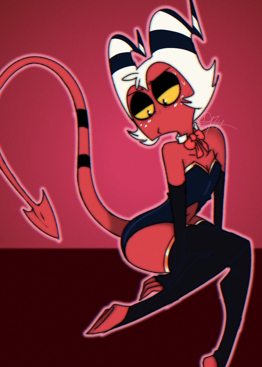 1boy, ass, blush, crossdressing, demon, gloves, helluva boss, horns, humanoid, imp, kkcq20yk0db5mak, latex suit, long gloves, looking down, male, male only, moxxie (helluva boss), no humans, non-human, one-piece, presenting, red skin, sitting, solo, solo focus, solo male, tail, thighhighs, thighs, white hair, yellow sclera