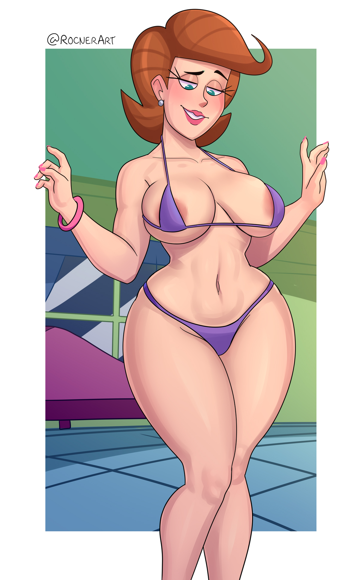 1girls, areola slip, areolae, big breasts, bikini, bracelet, breasts, brown hair, canonical scene, clothed, earrings, exposed nipples, female, fingernails, green eyes, hourglass figure, it still fits, light skin, light-skinned female, long hair, looking down, micro bikini, milf, mother, nail polish, navel, nickelodeon, pink nails, purple bikini, redraw, rocner, smile, smiling, straight hair, swimsuit, the fairly oddparents, thick thighs, thong bikini, timmy's mom, wide hips
