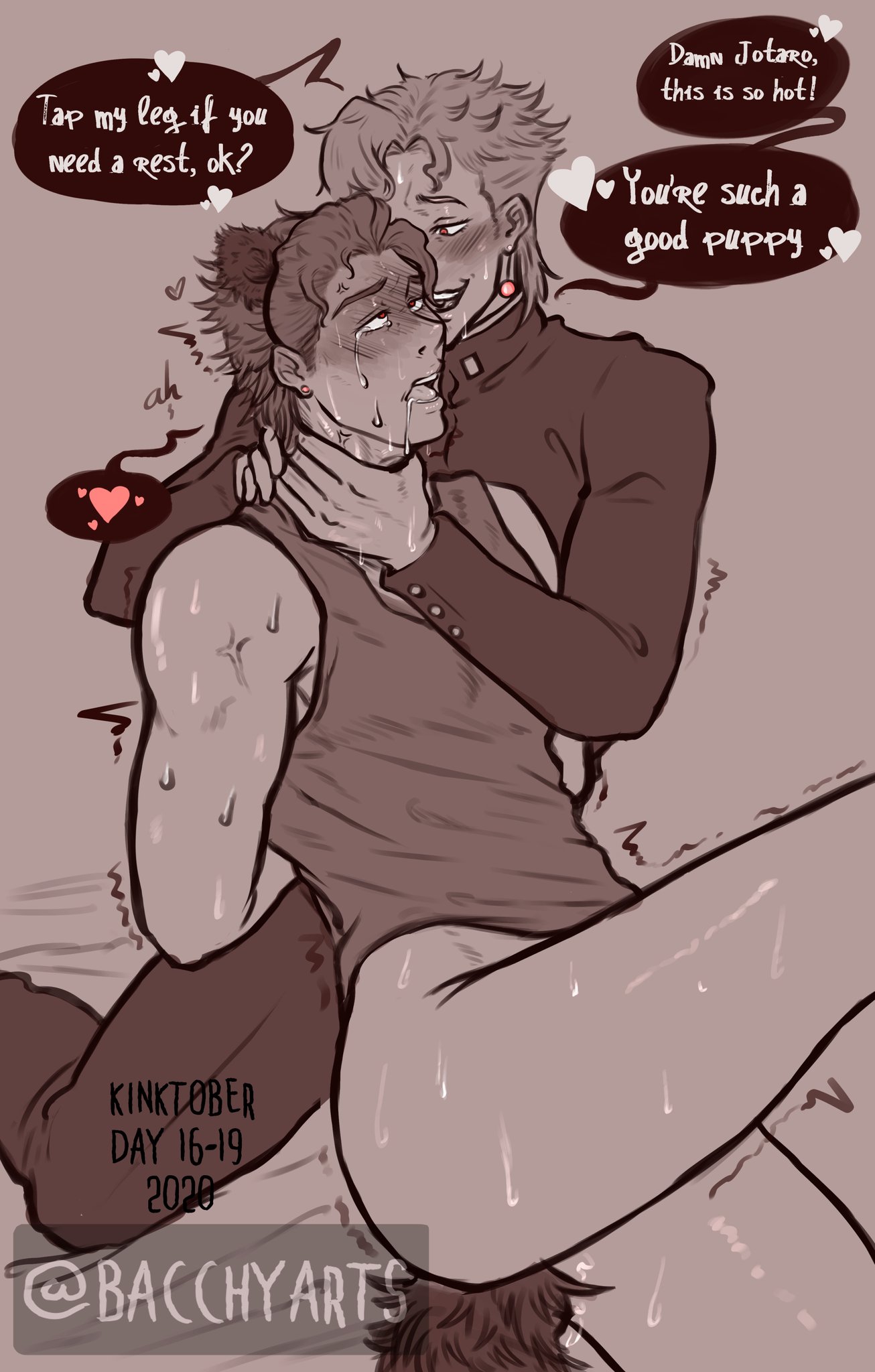2boys, anal, anal plug, asphyxiation, bacchyarts, bondage, butt plug tail, buttplug, choking, dialogue, dirty talk, domination, eyes rolling back, foreplay, gay, jojo's bizarre adventure, jotaro kujo, male, male only, male/male, maledom, noriaki kakyoin, praise, restrained, sex toy, spoken heart, stardust crusaders, submissive, submissive male, sweating, tail, yaoi