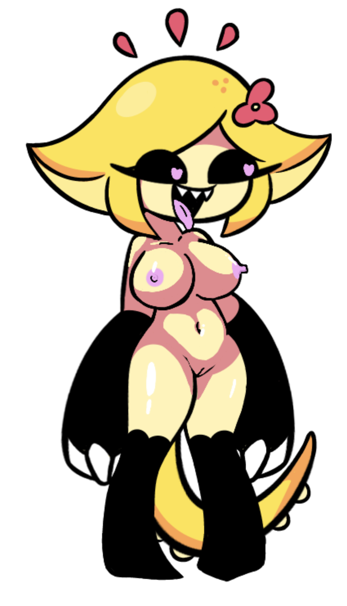 1girls, black sclera, blonde, cute, fangs, female, female only, friday night funkin, heart-shaped pupils, league of legends, lemon demon, light skin, light-skinned female, monster (friday night funkin), monster girl, monster neeko, neeko, pale skin, pale-skinned female, pussy, rule 63, shaved pussy, simple background, solo female, yellow hair, yellow skin