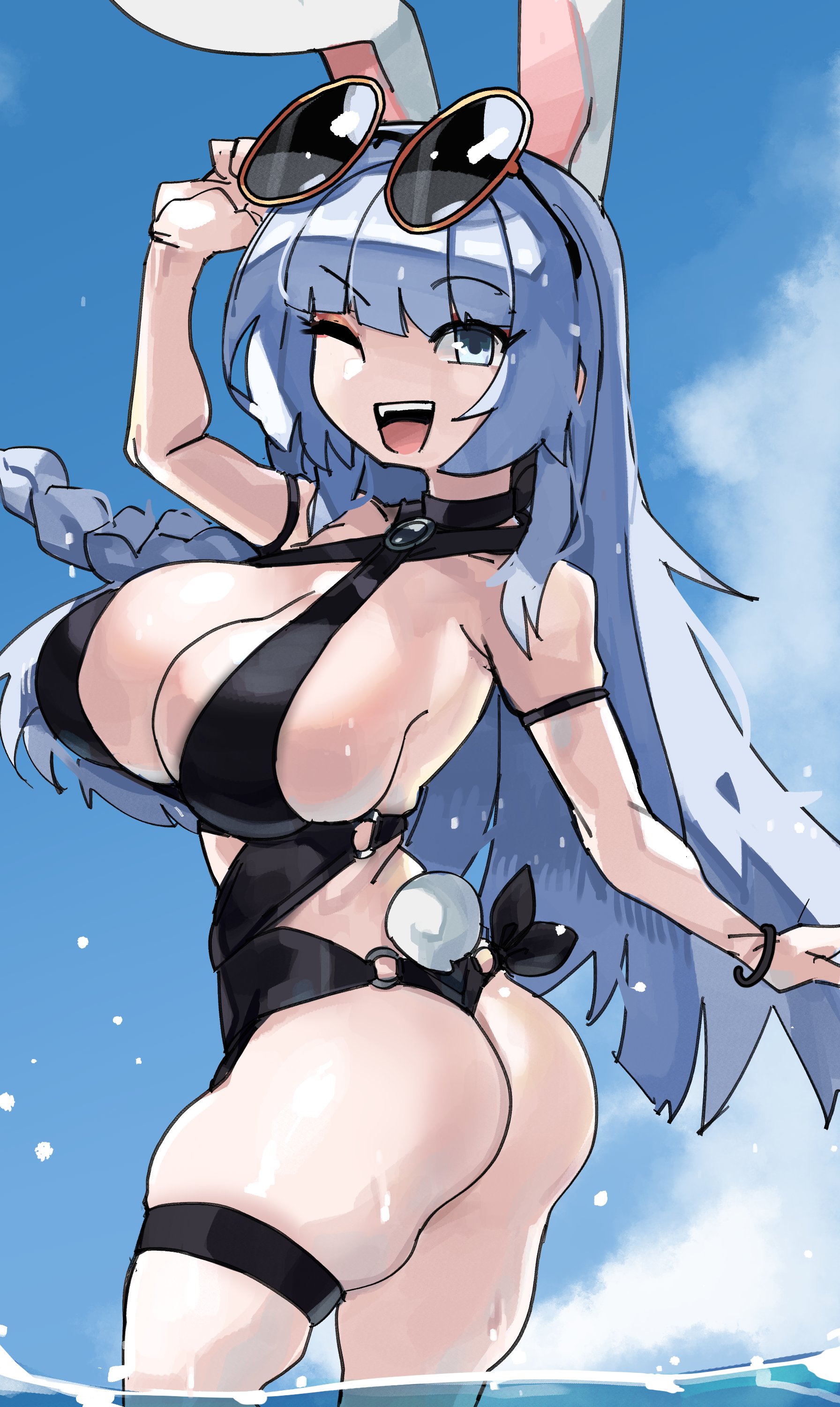 1girls, ass, blue eyes, blue hair, breasts, bunny ears, bunny tail, female, female only, in water, legband, long hair, looking at viewer, one-piece swimsuit, original, side view, sideboob, smile, solo, solo female, sunglasses, sunglasses on head, swimsuit, thick thighs, thigh squish, very high resolution, virtual youtuber, wink, winking at viewer, zanamaoria