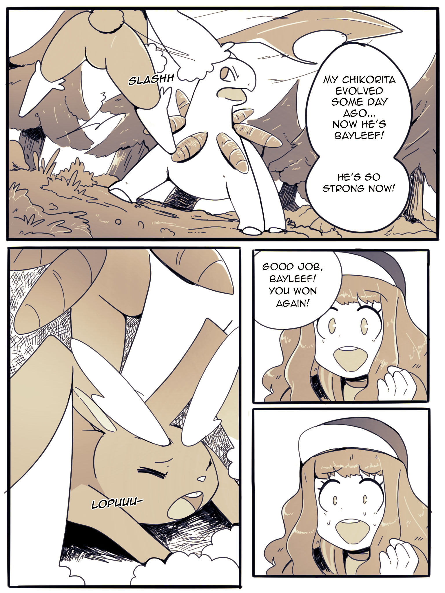 1girls, 2021, bayleef, comic, confused, dialogue, english text, female, human, lopunny, nintendo, pokémon (species), pokemon, pokemon (species), pokemon battle, speech bubble, wolfgang bang
