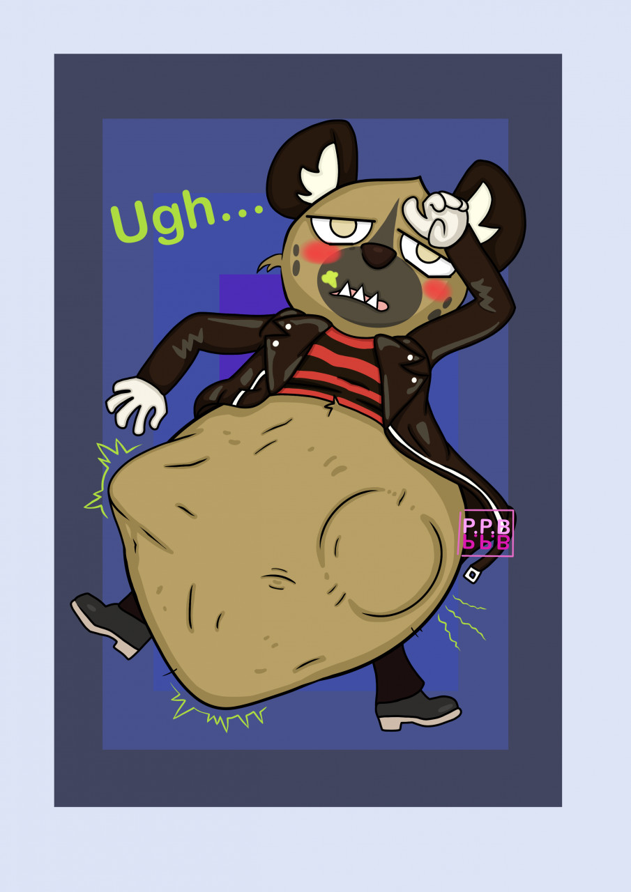 1boy 2021 5_fingers aggressive_retsuko ambiguous_prey anthro belly digestion drunk february fur furry gut haida hyena jacket male male_focus male_pred navel soft_vore stomach struggling_prey tummy vore