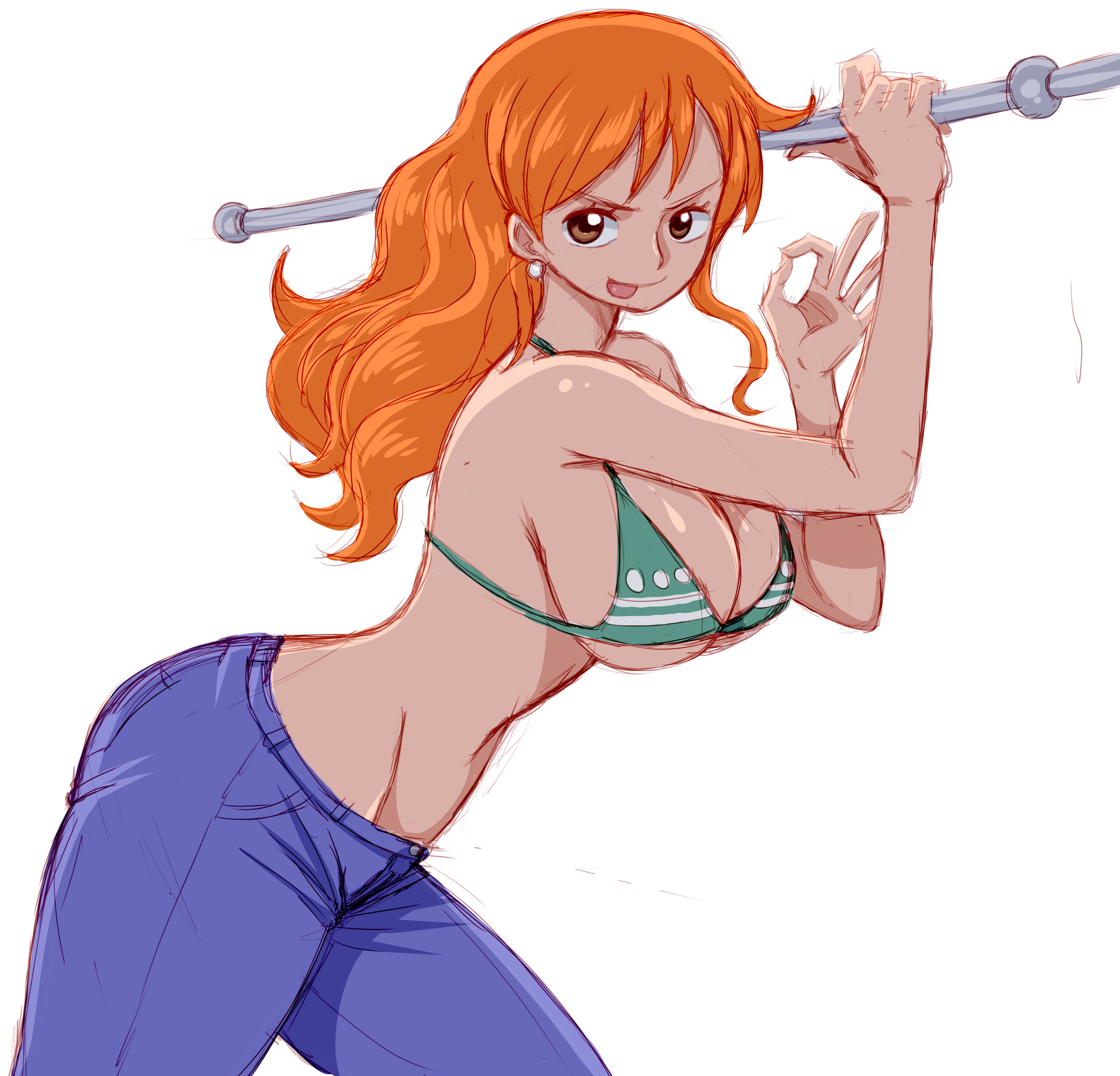:p, 1girls, big breasts, bikini, breasts, cleavage, female, female only, jeans, large breasts, long hair, nami (one piece), one piece, orange hair, orange-haired female, simmsy, solo, striped bikini