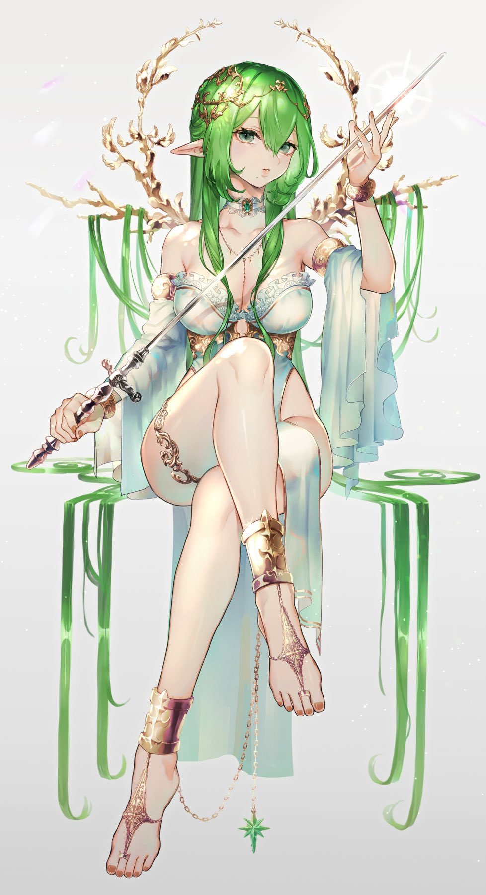 1girls anklet bangs bare_shoulders barefoot barefoot_sandals bracelet breasts choker circlet cleavage dress elf female green_eyes green_hair highres holding jewelry large_breasts long_hair nail_polish natsuiro_xx necklace original pointy_ears rapier sitting solo sword toe_ring toenail_polish toes weapon