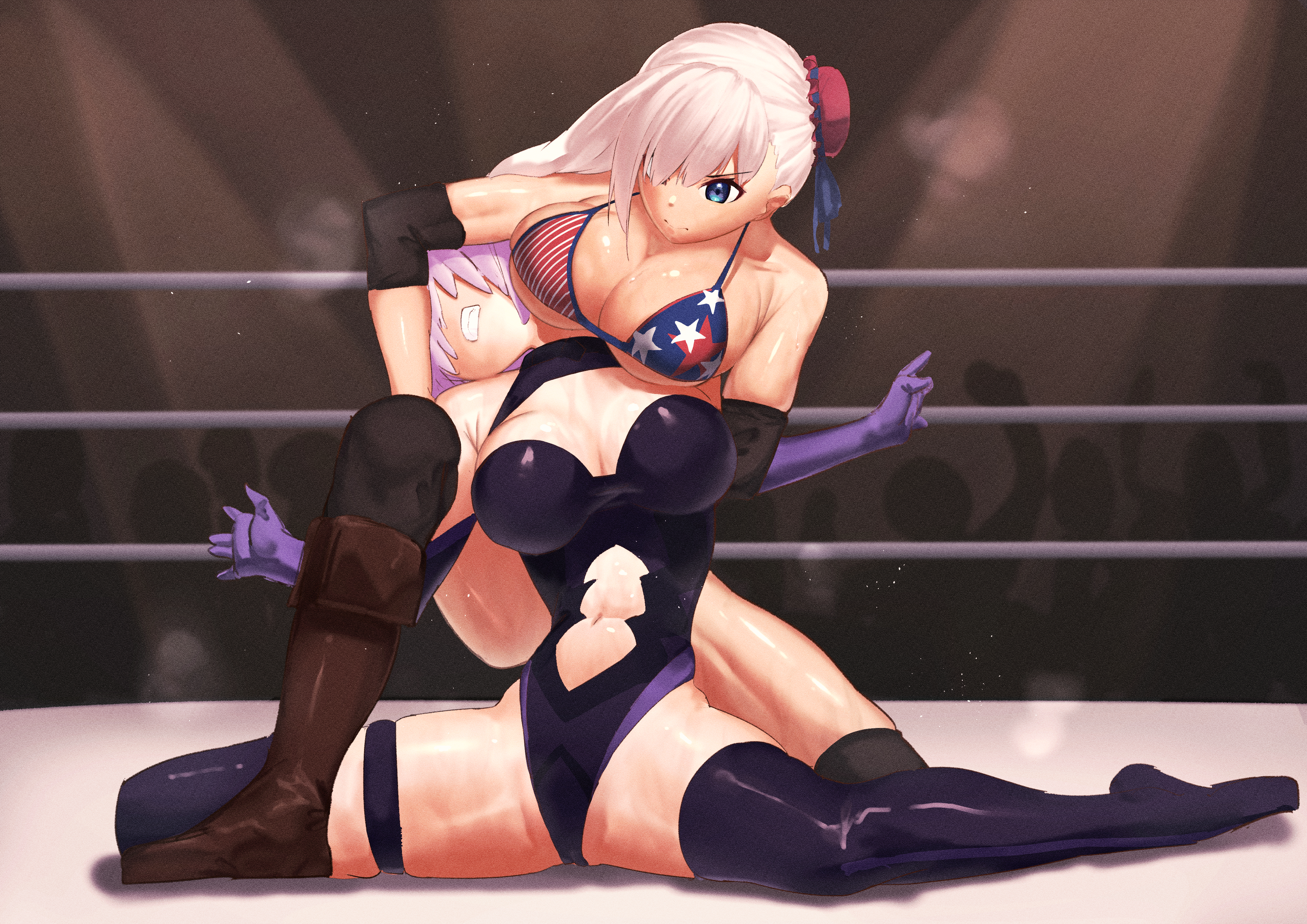 armpits, boob window, breasts, catfight, fate (series), fate/grand order, female, hair over one eye, mash kyrielight, miyamoto musashi (fate), miyamoto musashi (swimsuit berserker), potepotepotechi, shielder (fate/grand order), submission hold, sweat, wrestling, wrestling ring, yuri