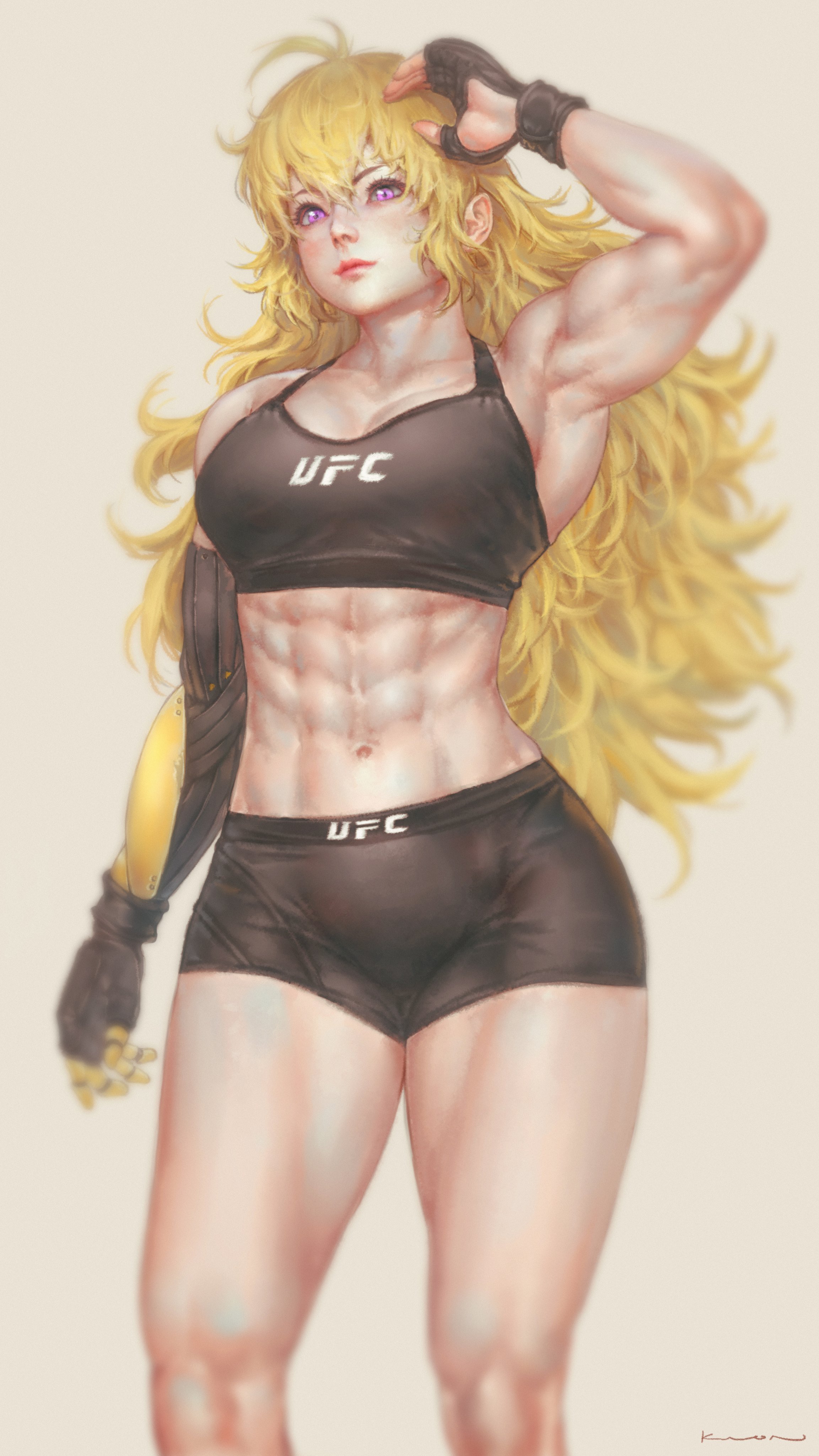 1girls, abs, absurdres, big breasts, breasts, cleavage, clothing, female, female only, highres, human, large breasts, muscles, muscular, muscular female, prinzkuon, rwby, solo, yang xiao long