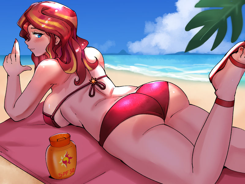 1girls aqua_eyes ass ass_cleavage beach bikini blonde_hair blush bubble_butt butt butt_crack equestria_girls female friendship_is_magic hasbro humanized iojknmiojknm large_breasts long_hair looking_at_viewer looking_back multicolored_hair my_little_pony rear_view red_hair sandals seaside solo solo_female sunscreen sunset_shimmer thick_thighs thighs voluptuous