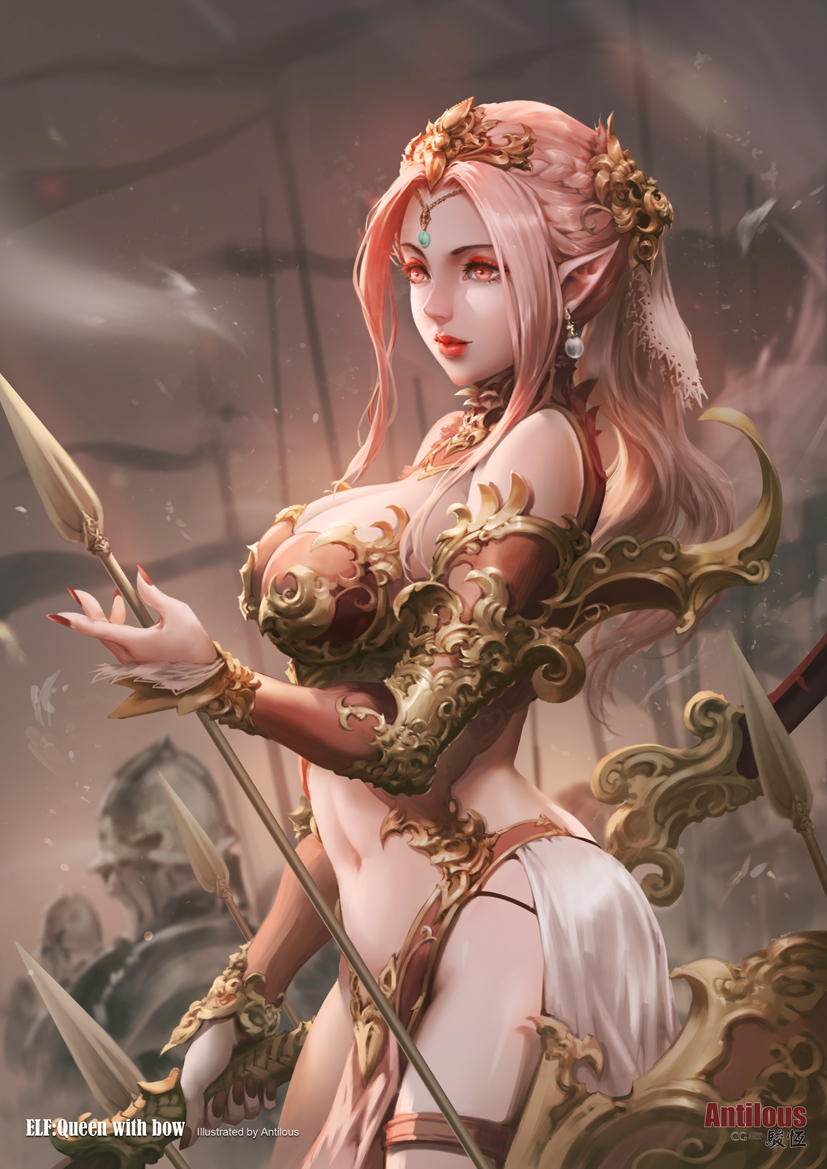 antilous, armor, army, arrow, bare shoulders, bikini armor, blurry, bow (weapon), braid, breasts, detached sleeves, earrings, elf, english text, eyelashes, female, fingernails, flag, forehead jewel, headgear, holding, jewelry, knight, large breasts, lips, long hair, makeup, navel, orange eyes, original, pelvic curtain, pink hair, pointy ears, ponytail, see-through, showgirl skirt, veil, weapon