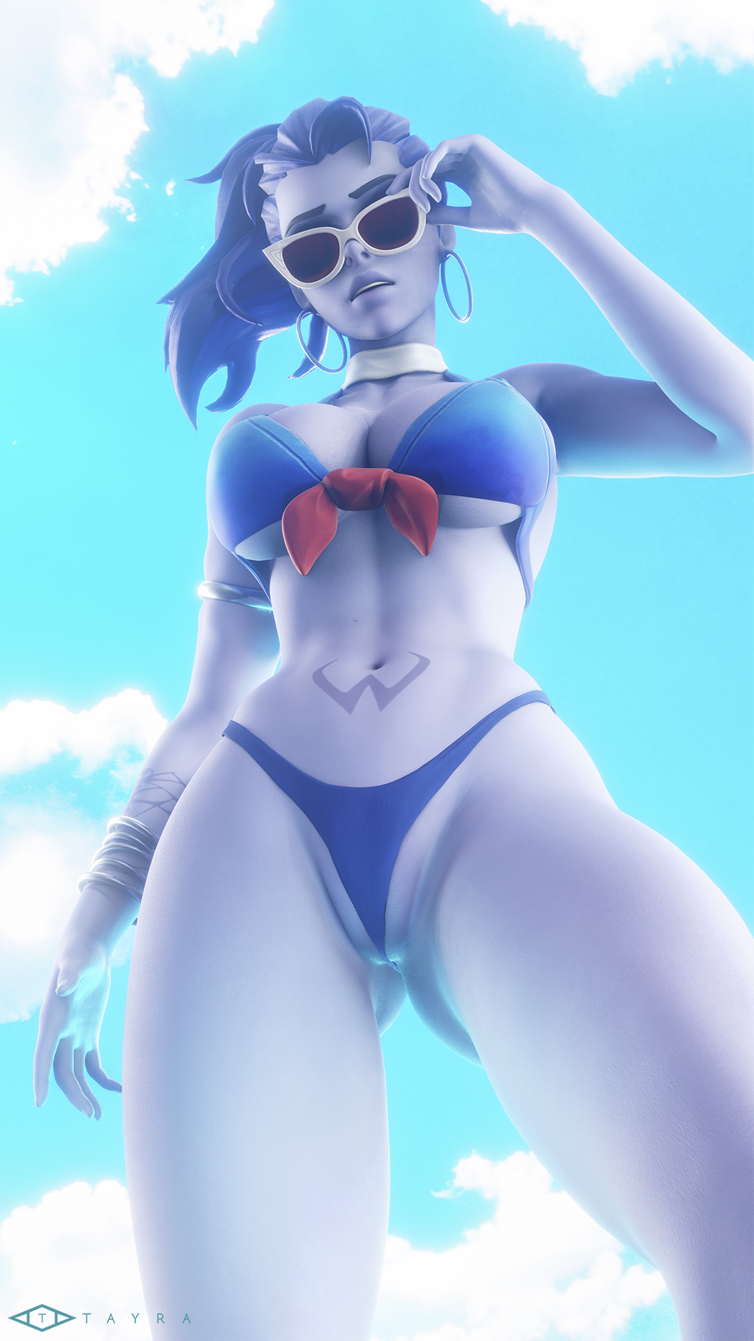 1girls, adjusting eyewear, adjusting glasses, bikini, cote d'azur widowmaker, earrings, female, female only, from below, looking at viewer, overwatch, sunglasses, tayra, tinted eyewear, widowmaker