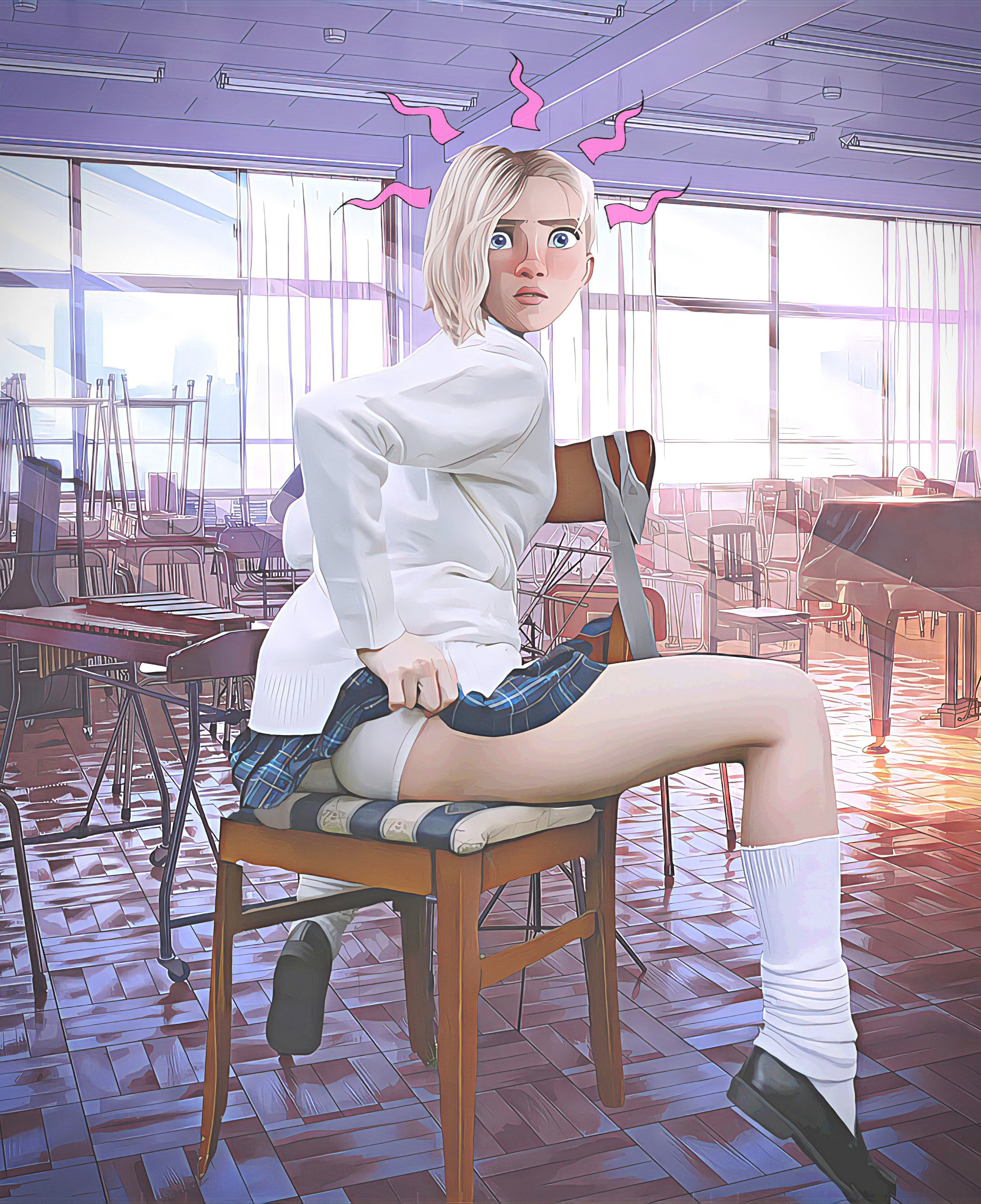 detailed background, embarrassed, embarrassed nude female, female, gwen stacy, kneehighs, kyle phalanx, loafers, loose socks, marvel, marvel comics, panties, school uniform, schoolgirl, socks, spider-gwen, spider-man: into the spider-verse, upskirt, voyeur, white panties, white socks