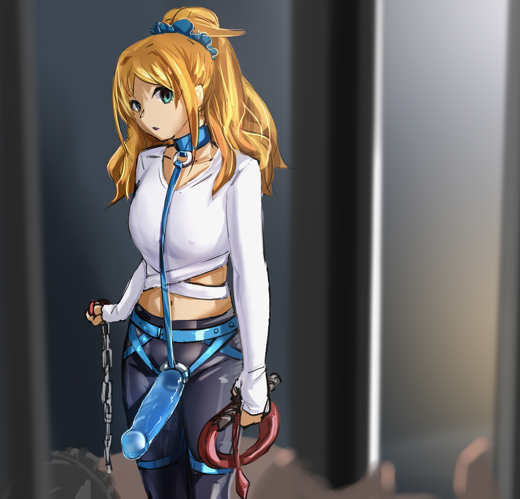 bdsm, domination, female, femdom, hino akane (idolmaster), idolmaster cinderella girls, leggings, looking at viewer, solo, strap-on, strap-on over clothes, strapon