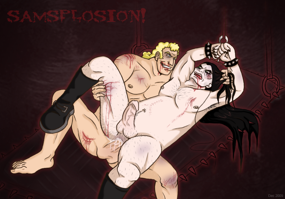 2boys anal_penetration anal_sex artist_request black_hair bleeding blonde_hair blood blue_eyes brock_samson bruises crossover cum_in_ass defeated dethklok erect_nipples erection hair_pull legs_held_open long_hair male_only male_penetrating_male metalocalypse naked_footwear nathan_explosion naughty_face nosebleed nude painted_nails questionable_consent restrained scar scratches spiked_bracelet spread_legs testicles veiny_penis venture_brothers wrists_bound