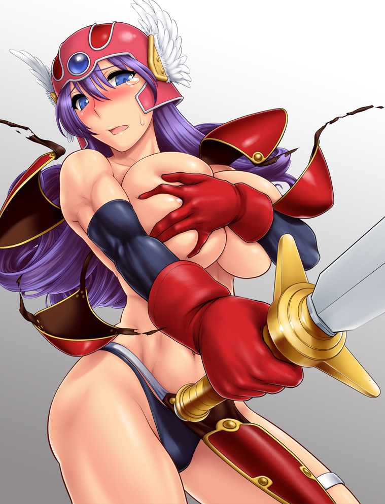 armor bikini_armor blue_eyes blush breast_hold breast_press breasts clothing covering covering_breasts dragon_quest dragon_quest_iii embarrassed gloves head_wings headwings helmet huge_breasts large_breasts long_hair muscle nipple_slip nipples panties pepsitou purple_hair shin_nihon_pepsitou shoulder_pads soldier_(dq3) st.germain-sal sweatdrop sword tear wardrobe_malfunction warrior weapon