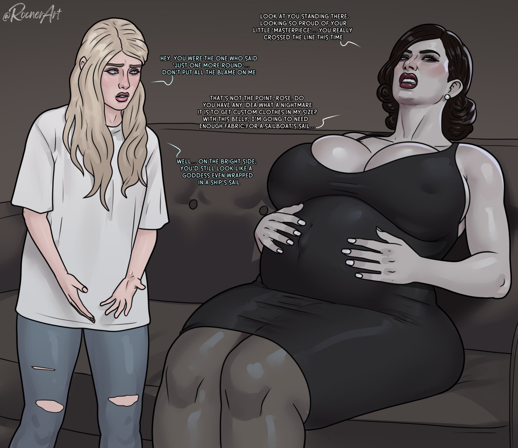 1futa, 1girls, age difference, alcina dimitrescu, big breasts, big thighs, black dress, black hair, blonde hair, capcom, child bearing hips, clenched teeth, dialogue, dress, english text, female, futa wife, futa with female, futanari, hi res, huge breasts, large breasts, light skin, light-skinned futa, long hair, looking away, mature female, milf, older female, pale skin, pale-skinned female, pantyhose, pregnancy progression, pregnant, pregnant female, ready to pop, red lipstick, resident evil, resident evil 8: village, rocner, rocner-verse, rosemary winters, sitting, sitting on couch, smaller futa, text, thick thighs, time skip, younger futa