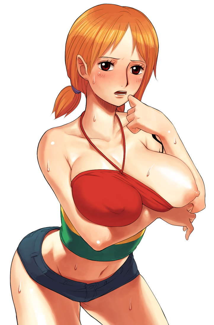 breast_slip breasts female female_only halter_top halterneck huge_breasts low_twintails midriff momo_moto nami nami_(one_piece) nipples one_breast_out one_piece one_piece_film_strong_world orange_hair pre-timeskip pre_timeskip red_eyes short_hair short_shorts short_twintails shorts simple_background sweat tattoo tied_hair twintails