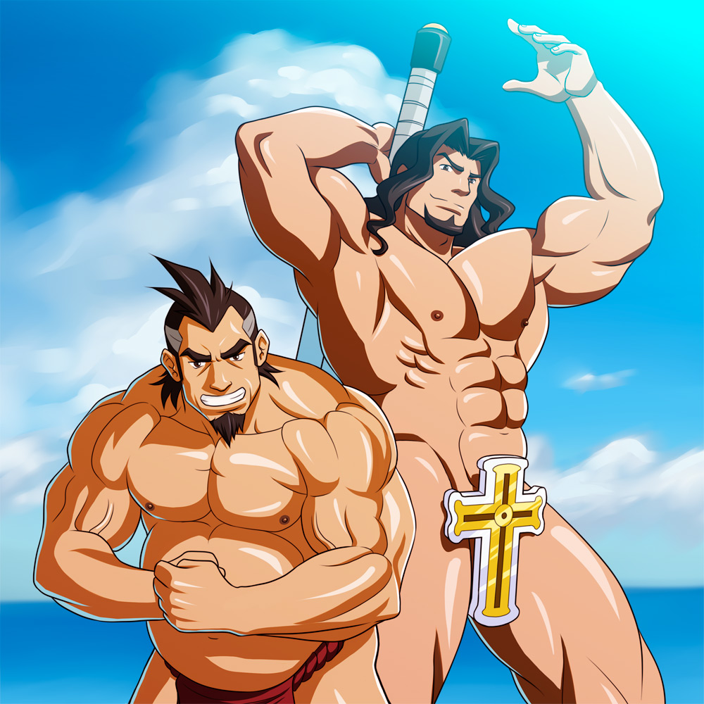 2boys abs arad_senki arms_up bara beach belly biceps big_muscles black_hair blacksmith_linus blue_sky brown_hair brown_nipples cross dungeon_and_fighter dungeon_fighter_online facial_hair fat fat_man flexing flexing_arms flexing_muscles fundoshi fundoshi_only goatee hands_up holding_object holding_sword holding_weapon human human_only jeda_raxpa linus_(dungeon_and_fighter) long_hair long_hair_male looking_at_viewer male male_focus male_only male_priest_(dungeon_and_fighter) muscles muscular muscular_male muscular_thighs naked nipples nude nude_male pecs pectorals priest priest_(dungeon_and_fighter) red_fundoshi red_underwear shiny_skin silver_fox six_pack slap_up_party_arad_senki standing sword teeth teeth_showing thick_eyebrows underwear underwear_only water zelo-lee zelo_lee