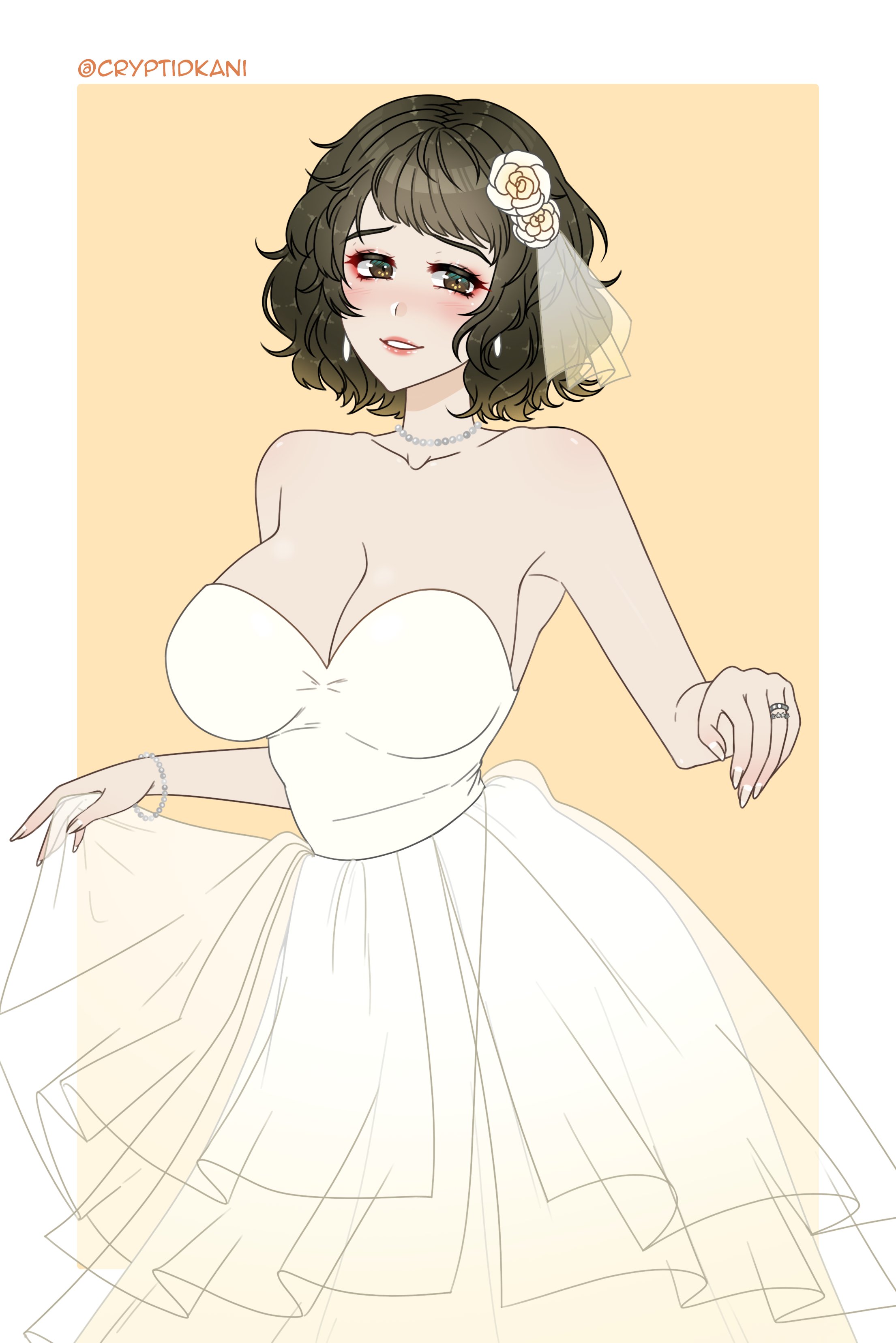 1girls, 2021, bare shoulders, black eyes, black hair, breasts, bride, brown eyes, brown hair, cleavage, collarbone, commission, cryptid crab, eyelashes, female, large breasts, looking at viewer, medium breasts, medium hair, megami tensei, pale skin, persona, persona 5, ring, sadayo kawakami, smile, solo, solo female, wedding dress, wedding ring