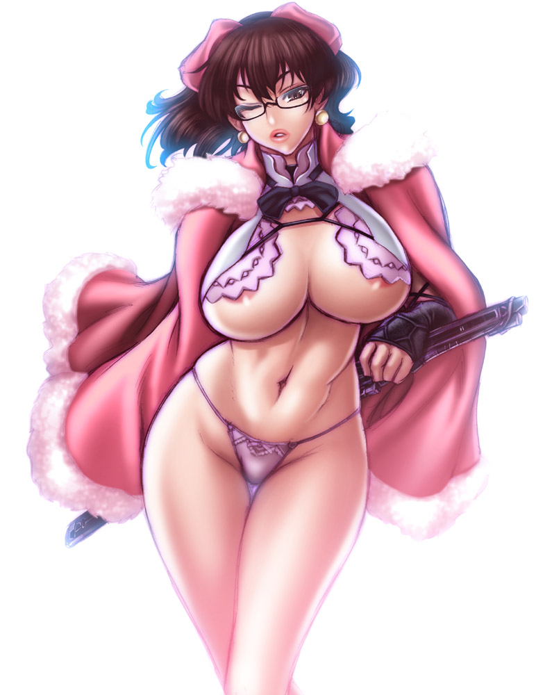 ;o areola_slip areolae bowtie breasts brown_eyes brown_hair chiba_toshirou crossed_legs curvy earrings fingerless_gloves g-string glasses gloves hair_ribbon highleg highleg_panties hips huge_breasts jewelry large_breasts legs_crossed lips looking_at_viewer midriff mound_of_venus navel nipple_slip nipples one_eye_closed open_mouth panties ponytail ribbon sekigan_juu_mitsuyoshi sword teeth thigh_gap thighs thong tied_hair toned underboob underwear weapon white_background wide_hips wings wink winking yoshi_mitsu