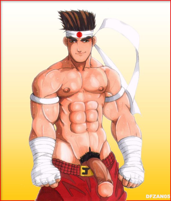 1boy bandage bandaged_arm bandaged_hand bandaged_hands bandages bara dfzan05 fatal_fury headband joe_higashi king_of_fighters male_focus male_only male_solo muay_thai penis penis_out red_shorts shorts simple_background snk solo solo_focus solo_male source_request tagme white_headband yellow_background