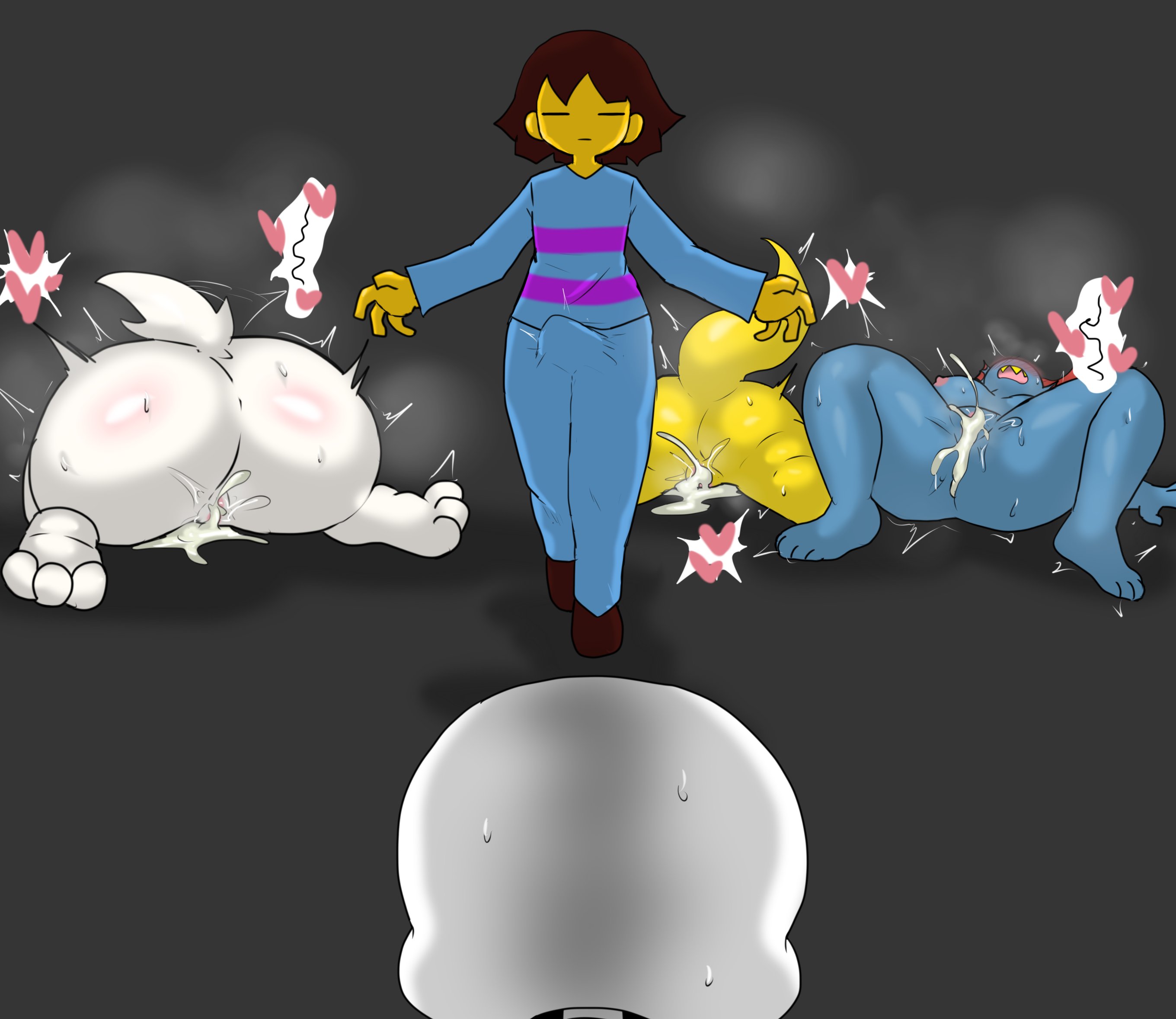 2boys, 3girls, after sex, alphys, bulge, cum, cum in pussy, cum inside, enigi09, feet, female, frisk, heart, hearts, male, male frisk, meme, pussy, sans, steam, sweat, tagme, toriel, undertale, undertale (series), undyne
