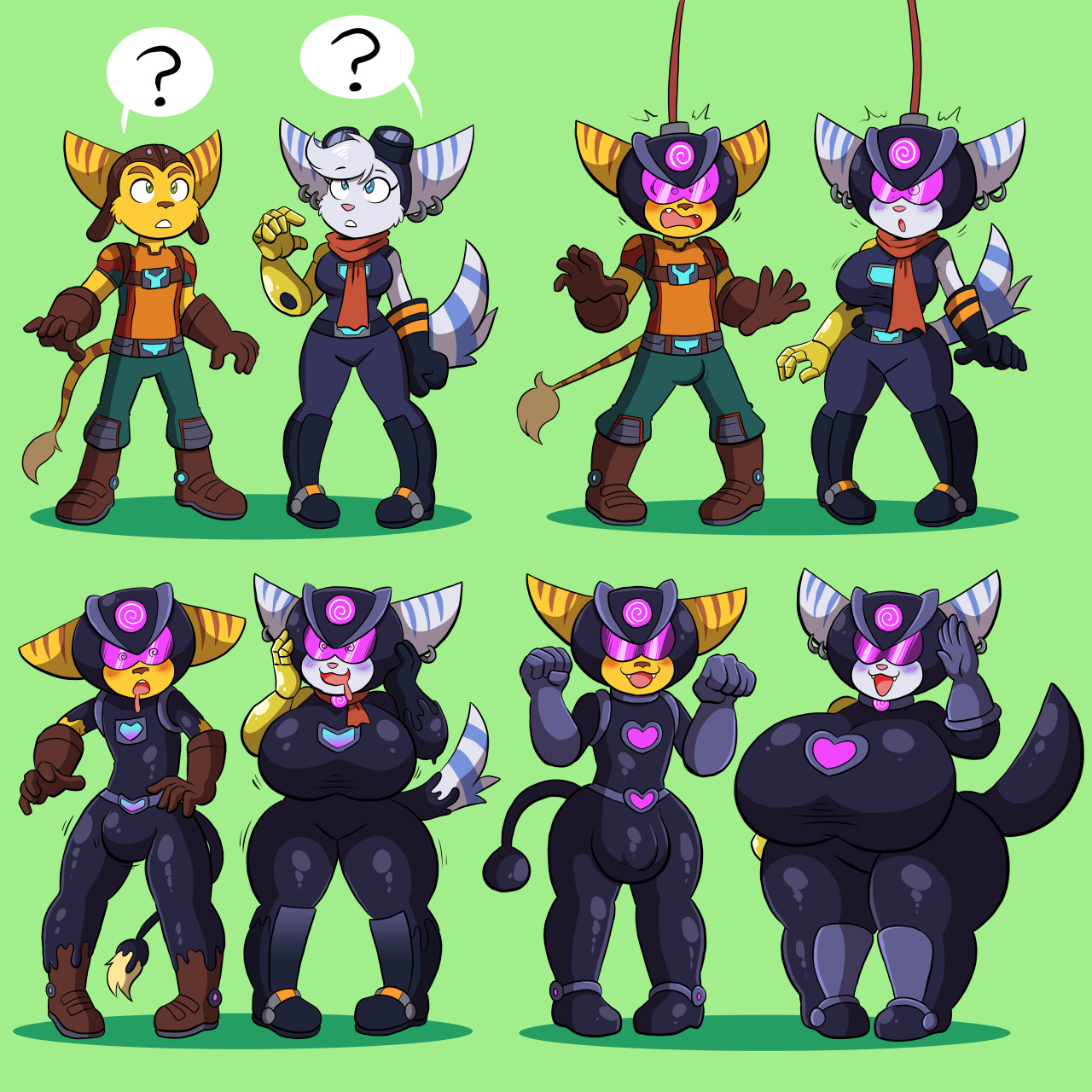 1boy, 1girls, bimbo, bimbofication, brainwashing, breast expansion, breast growth, breast growth (enlargement), breasts, bulge, clothing, cybernetic arm, cybernetic limb, cybernetics, eyewear, female, footwear, genital growth, handwear, headwear, helmet, humanoid, identity death, lombax, male, mechanical, neckwear, penis, penis growth, prinnydood, prosthetic, prosthetic arm, prosthetic limb, ratchet (ratchet and clank), ratchet and clank, ratchet and clank: rift apart, rivet (ratchet and clank), transformation, transformation sequence
