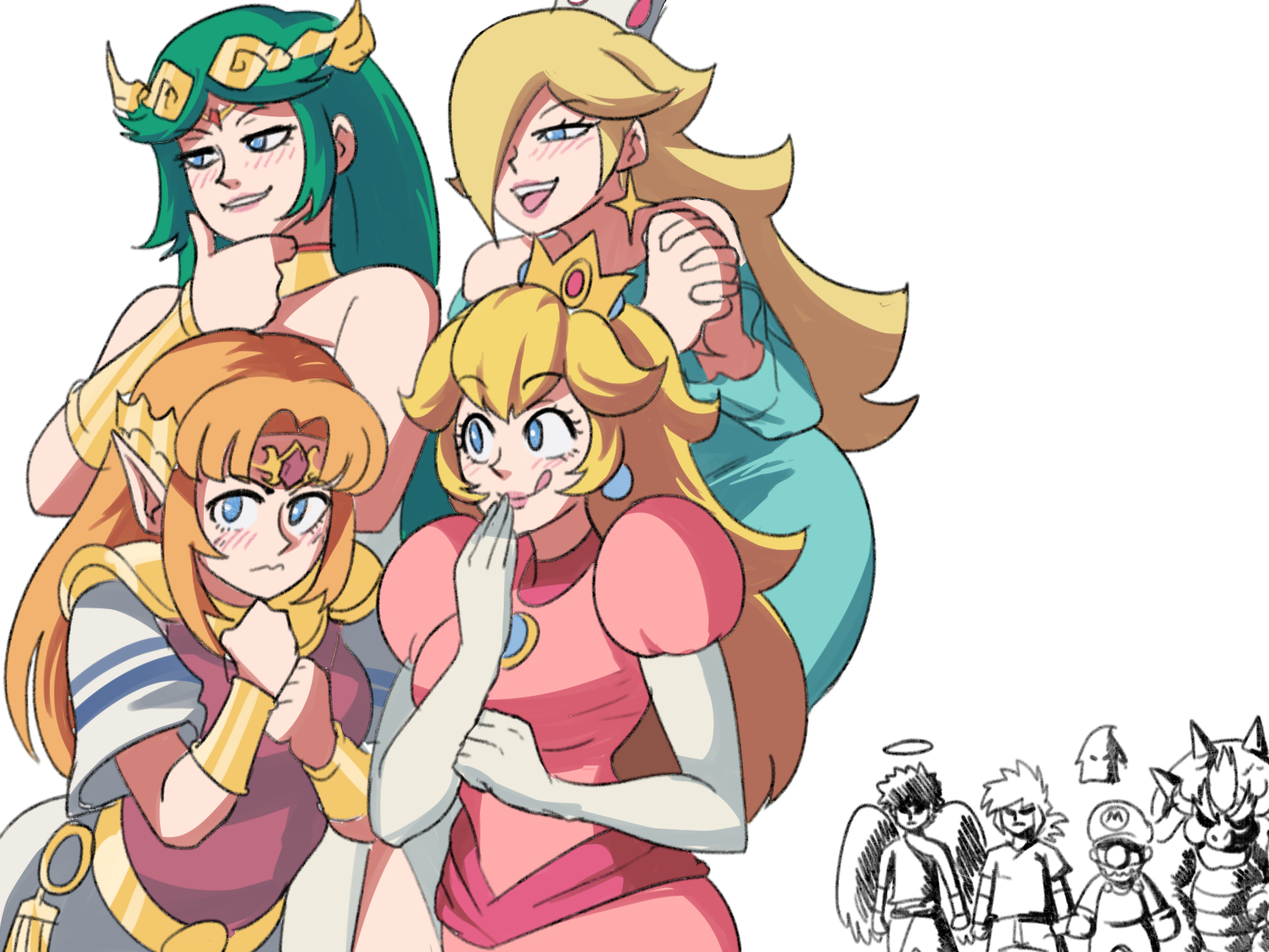 4boys, 4girls, a link to the past, bowser, earrings, female, female focus, fully clothed, kid icarus, link, luma, male, mario, mario (series), multiple boys, multiple females, multiple girls, multiple males, nintendo, offscreen character, palutena, pit (kid icarus), princess peach, princess rosalina, princess zelda, super smash bros., the legend of zelda, tinafate1, zelda (a link to the past)