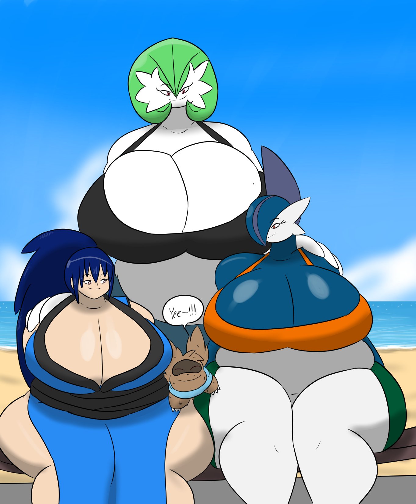 1boy 3girls anthro beach blue_hair blue_skin brown_fur chubby claws closed_eyes clothing dialogue female female_gallade gallade gardevoir gender_bender genderswap green_hair greninja huge_breasts igphhangout long_hair mizu_(igphhangout) multiple_girls oceania_(igph) pink_eyes pokémon_(species) pokemon pokemon_(species) pokemon_dppt pokemon_rse pokemon_xy ponytail red_eyes rule_63 scarf short_hair smile speech_bubble sports_bra text thick_thighs white_skin zigzagoon